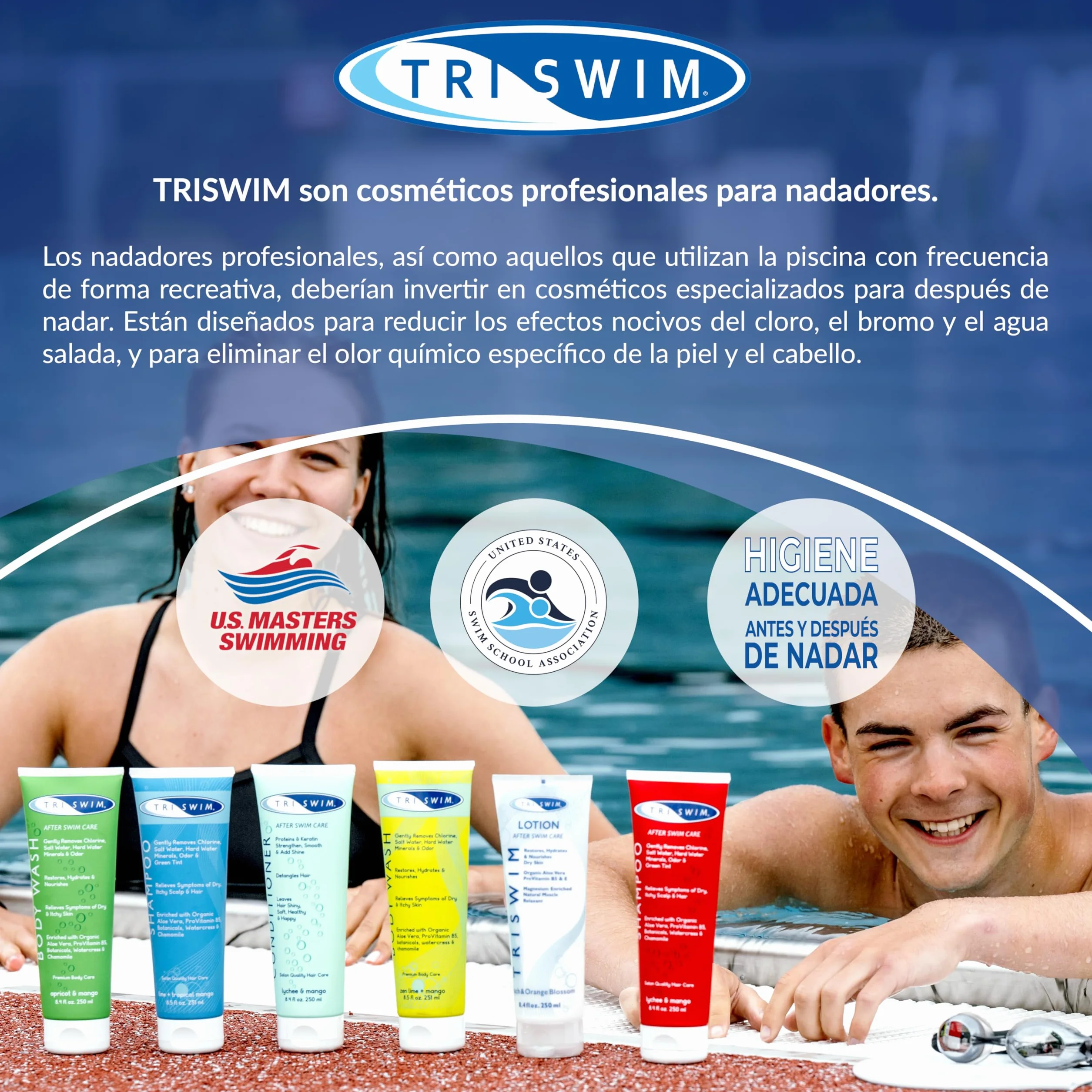 TRISWIM Conjunto de Viaje Después de Nadar Champú Anticloro Gel de Baño Acondicionador Hidratante Pelo Loción Corporal 4x90ml