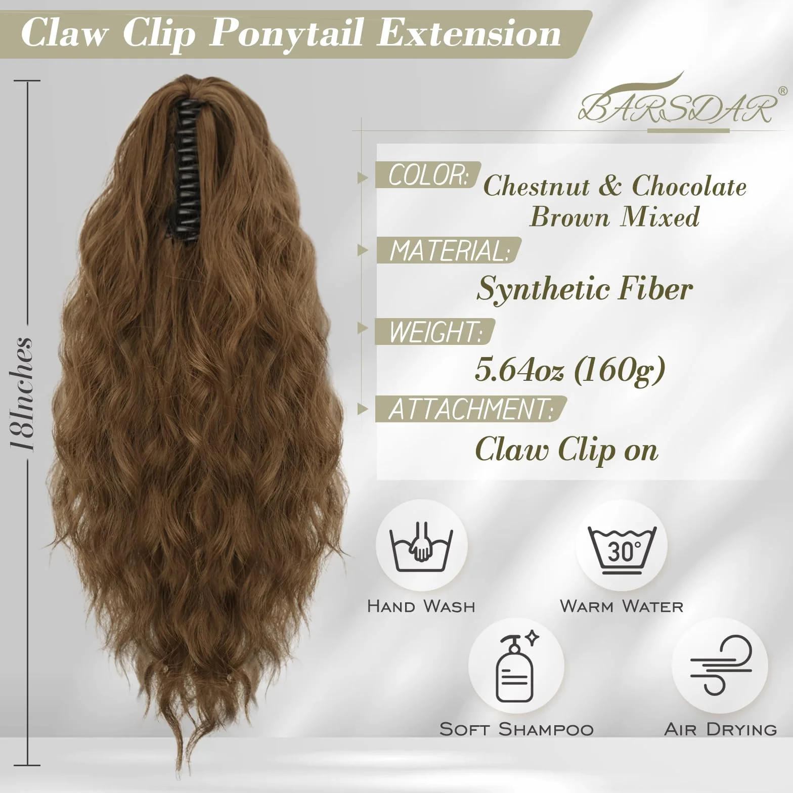 BARSDAR Extensión de Cabello Cola de Caballo 45CM Garra Clip Ondulado Sintética Marrón Castaña Chocolate para Mujeres
