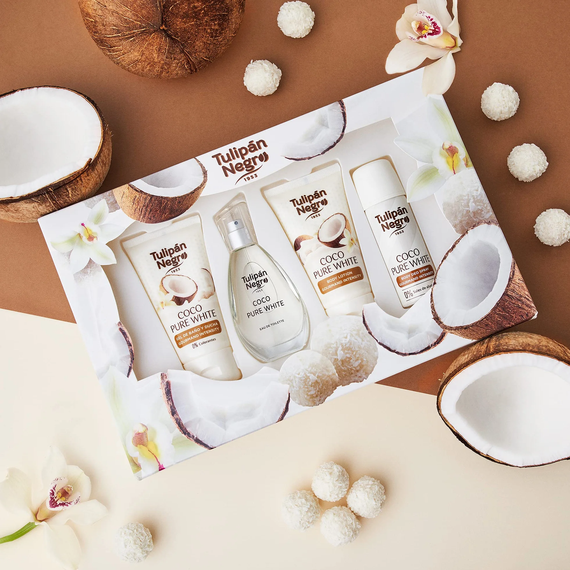 Estuche Tulipán Negro Coco Pure White Colonia 50 ml + Loción Corporal 75 ml + Gel de Baño 75 ml + Desodorante Spray 50 ml