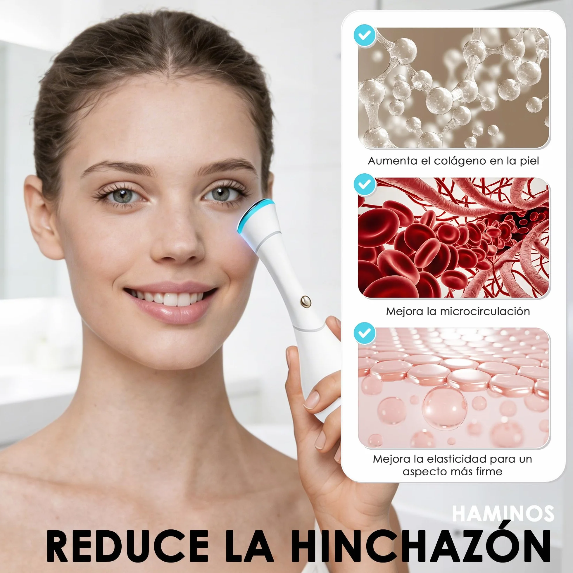 HAMINOS Masajeador Facial 4 en 1 con Calor, Vibración, Luz Roja y Azul, Función Iónica Galvánica, Recargable USB-C