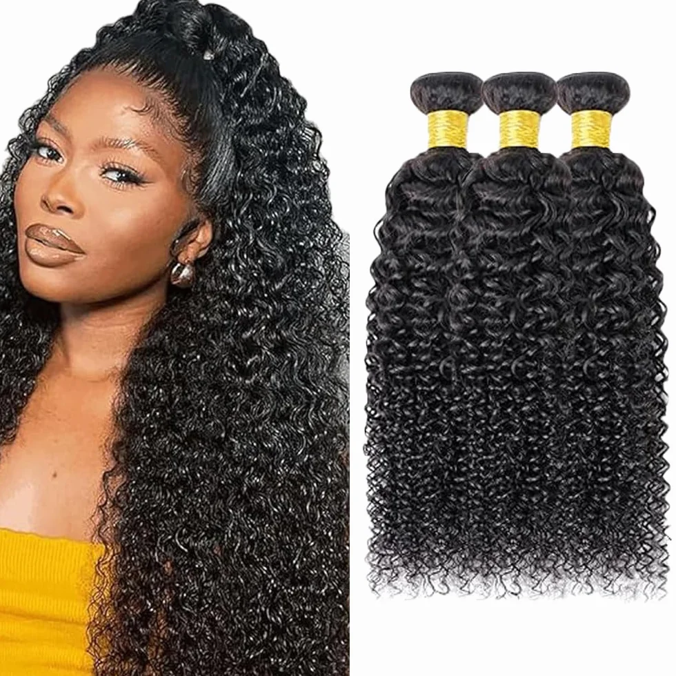 Peluca rizada rizada para mujer, extensiones de cabello humano brasileño sin procesar, extensiones de cabello humano virgen brasileño, 1B, color negro natural, paquete con una cobertura mínima