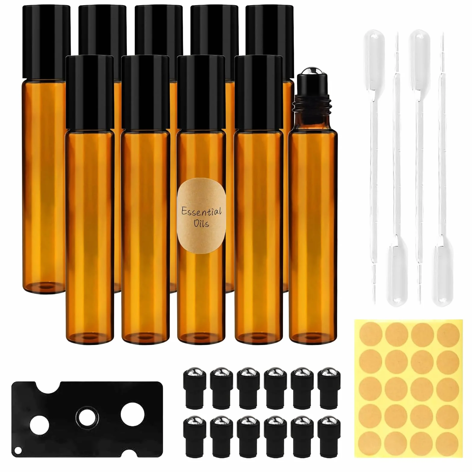 Botellas Roll On Cristal 10ml con Bola de Acero Inoxidable, Rellenable para Aceites Esenciales y Perfumes