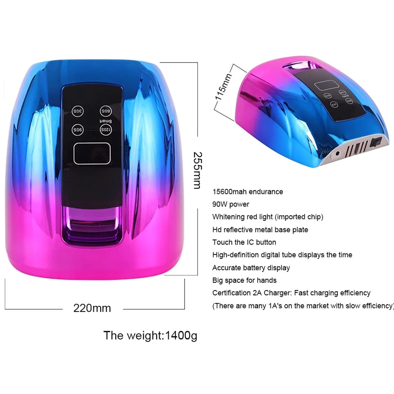B,lámpara de uñas Recargable lámpara de uñas UV led portátil 90 w gradiente lámparas led para Secado de Esmalte de Gel lámpara UV led de curado por luz roja con Base de Espejo