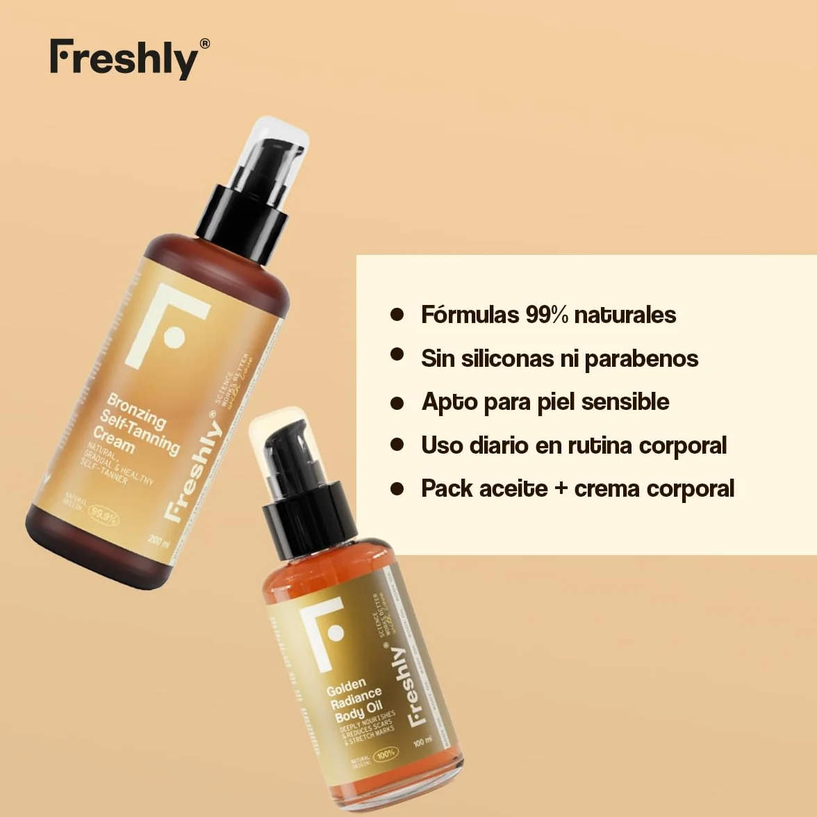 Freshly Cosmetics | Golden Bronze Body Pack | Autobronceador Corporal y Aceite Nutritivo | Pack Aceite + Crema 100ml + 200ml | Bronceado Natural Progresivo para Piel Luminosa