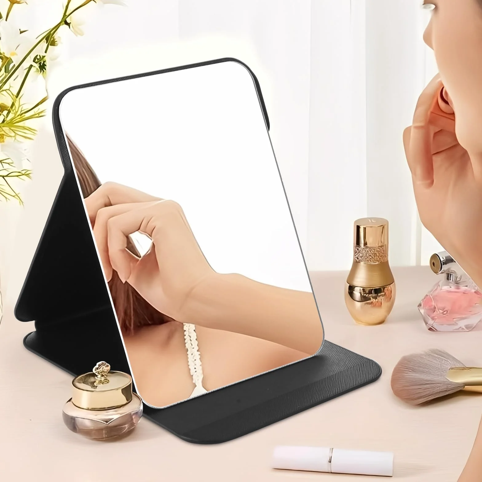 Espejo de maquillaje portátil de viaje plegable HD cuero 21,5 x 15,5 cm