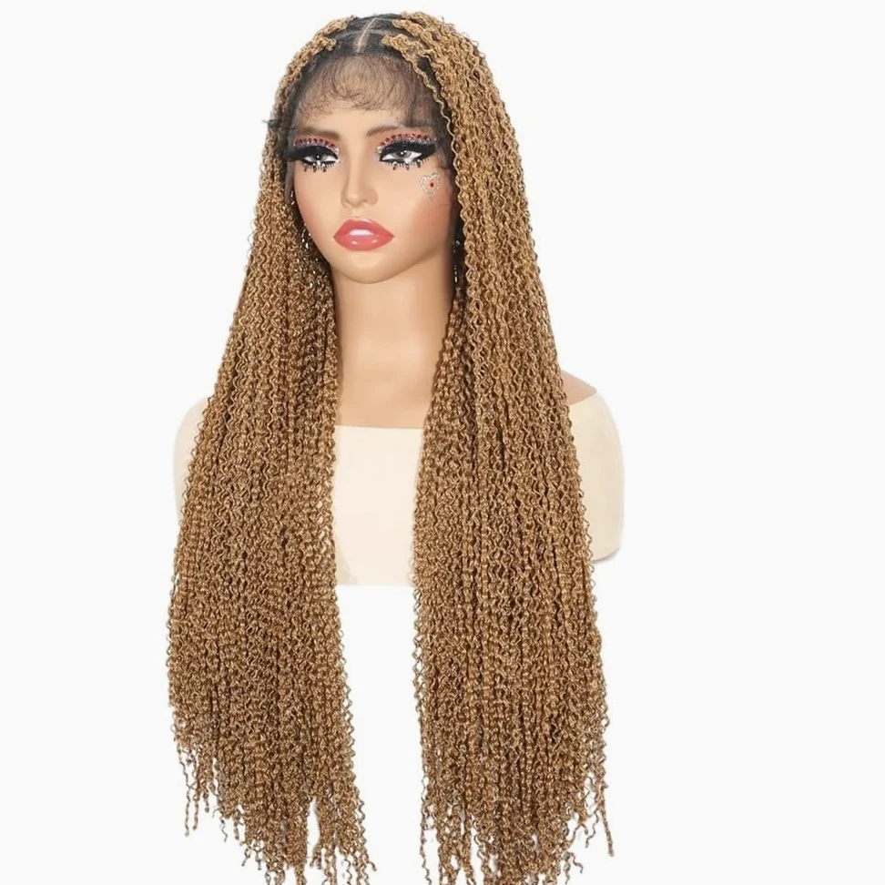 Pelucas trenzadas boho sin nudos, peluca trenzada sintética larga con frente de encaje HD de 13x4 '' for mujeres(Brown,20 inch)