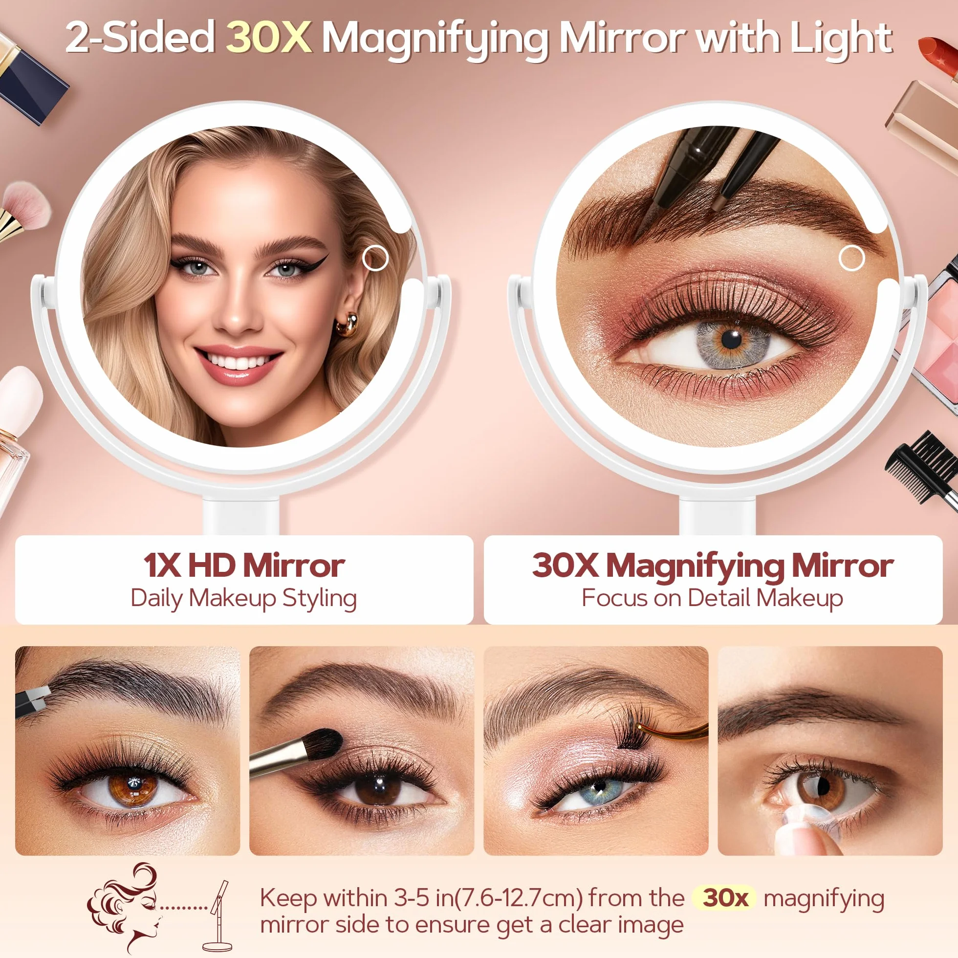 B Beauty Planet Espejo de maquillaje con luces 30X aumento iluminado brillo ajustable 2 lados altura ajustable para baño