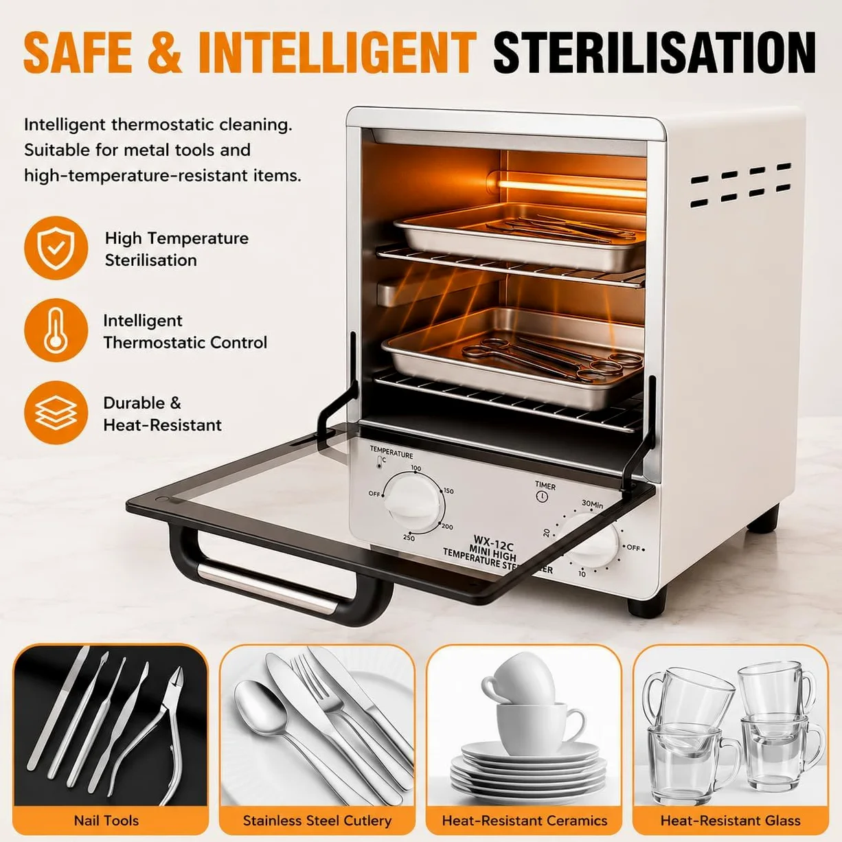 Esterilizador de herramientas infrarrojas de 12 L con temporizador y 4 niveles de temperatura | Dos bandejas extraíbles y recipiente interior lavable para salones, clínicas y spas