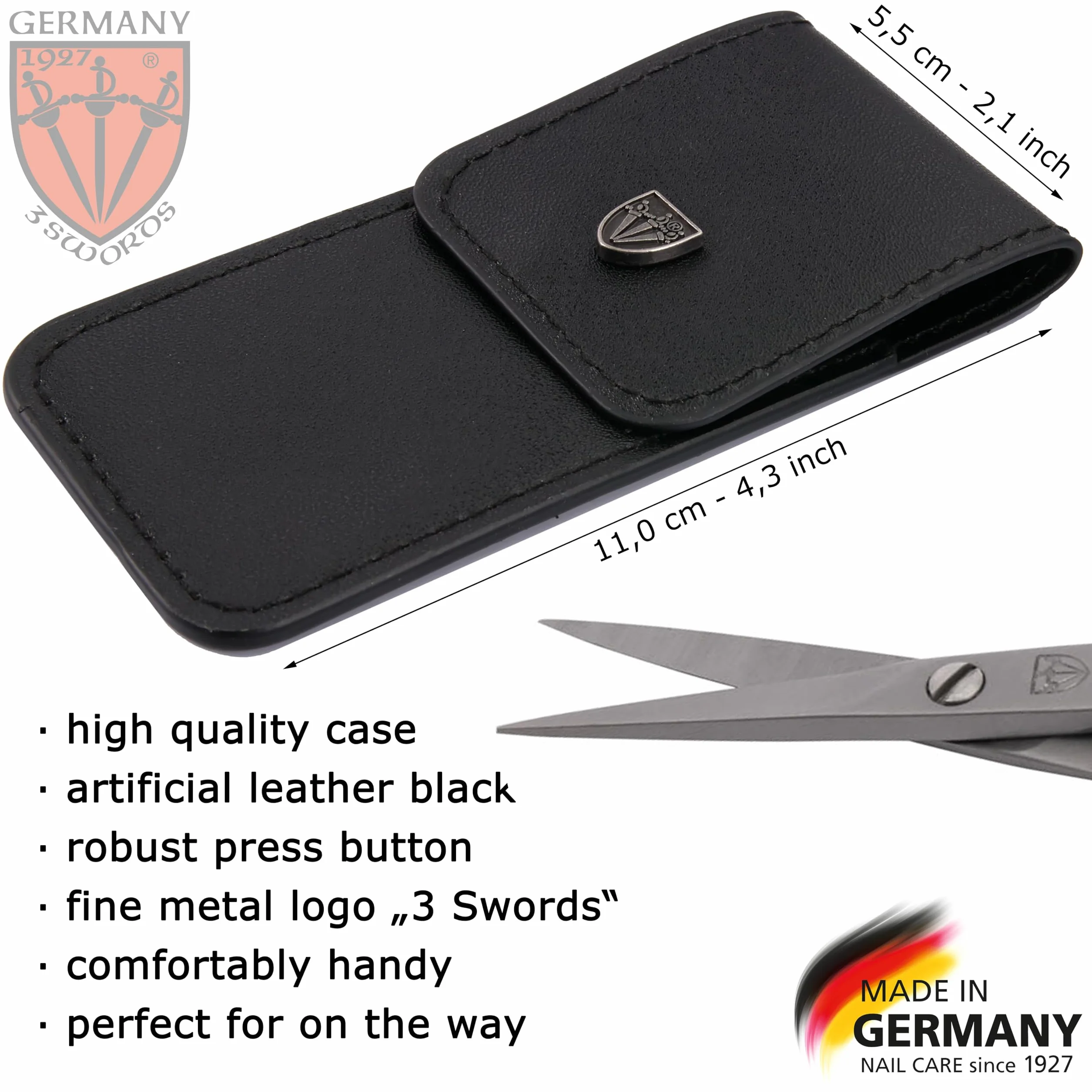 3 Swords Germany Tijeras rectas para cutículas de acero inoxidable inox (1 unidad) con estuche para manicura y pedicura - Cuidado de uñas por 3 Swords - Fabricado en Alemania