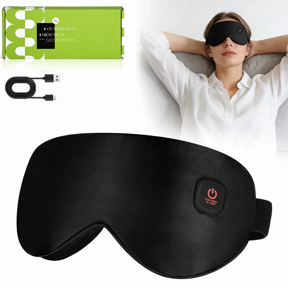 Antifaz para Dormir Calentado con Batería 1000mAh USB Control de Temperatura para Migraña y Sueño Negro