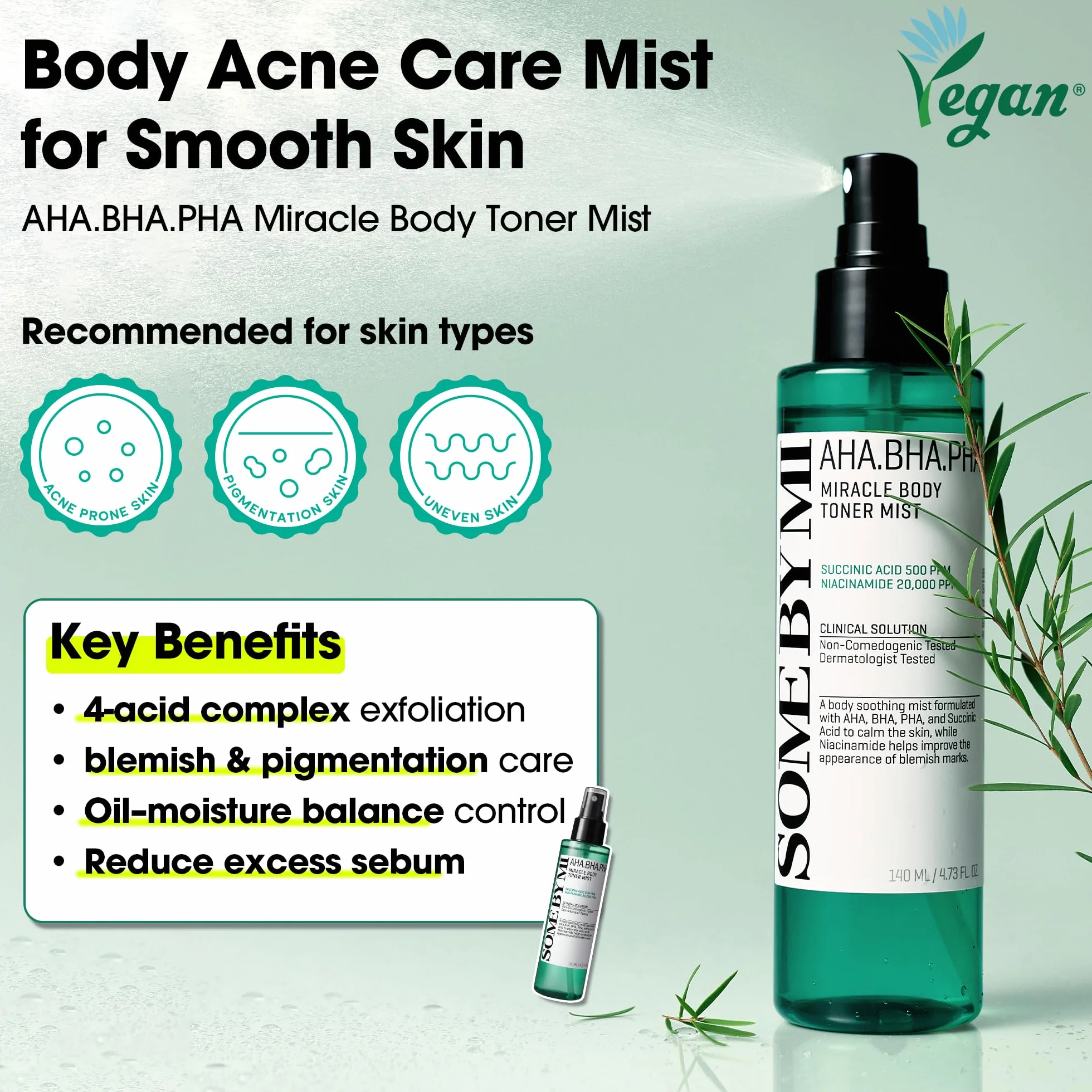 SOME BY MI AHA BHA PHA 30 Days Miracle Body Toner Mist 140 ml Body Acne Spray with Salicylic Acid, Tea Tree, Niacinamide