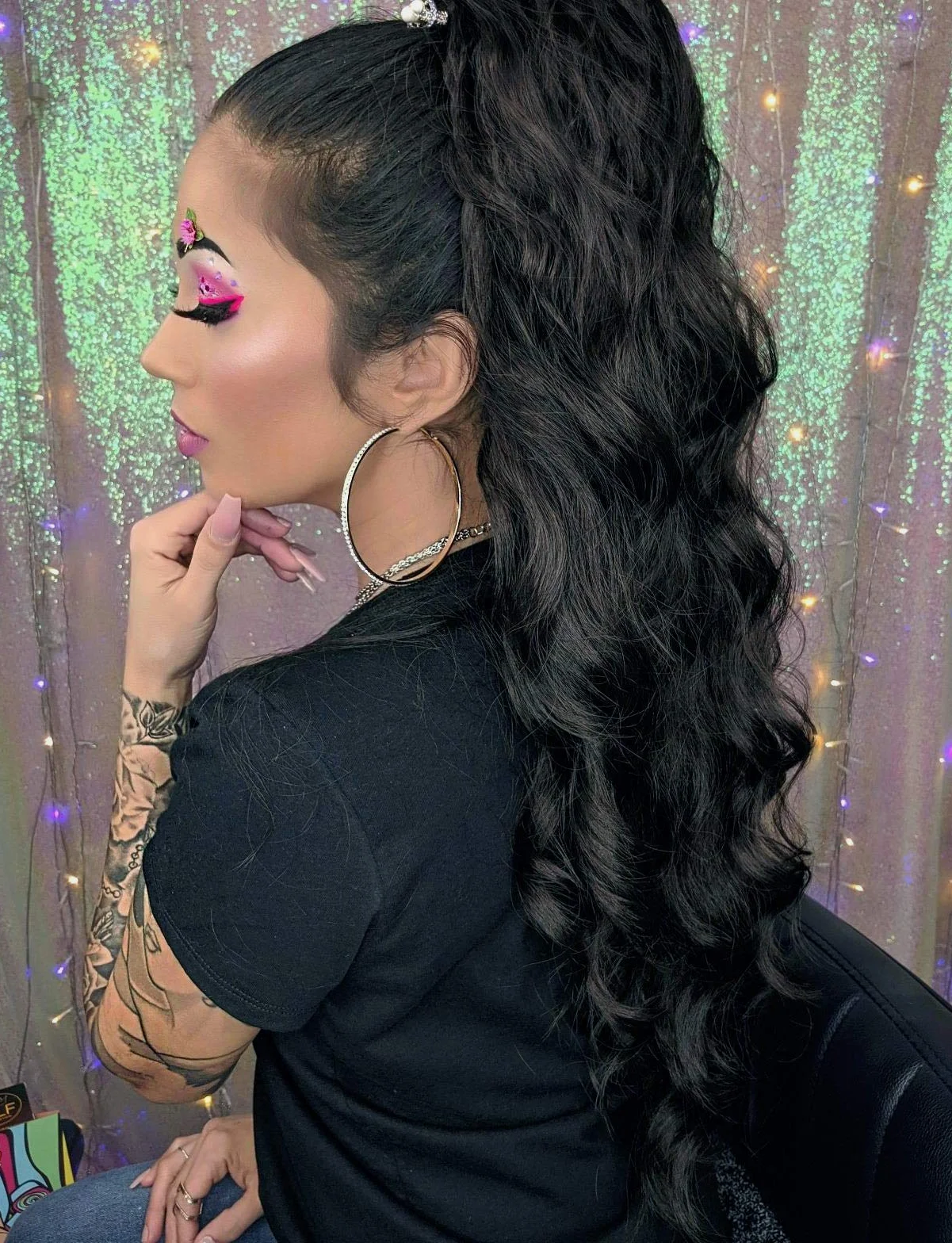 Peluca de cola de caballo ondulada larga para mujeres negras, extensión de cabello sintético con cordón clip