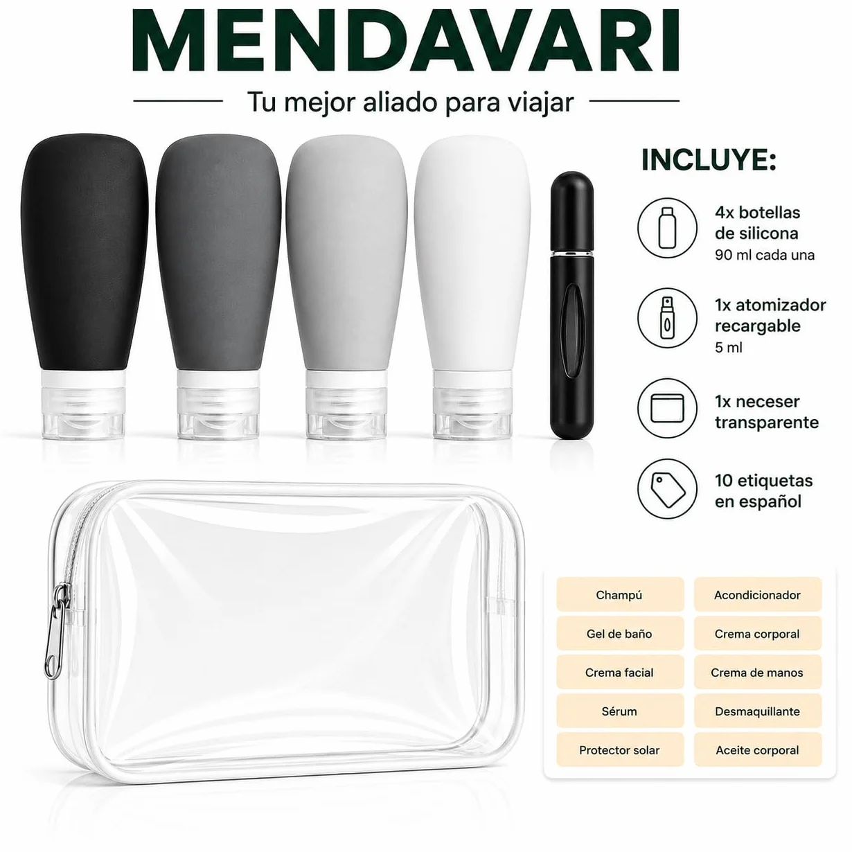 Kit Viaje Neceser Transparente Botes Rellenables 90ml + Atomizador Perfume Recargable 5ml