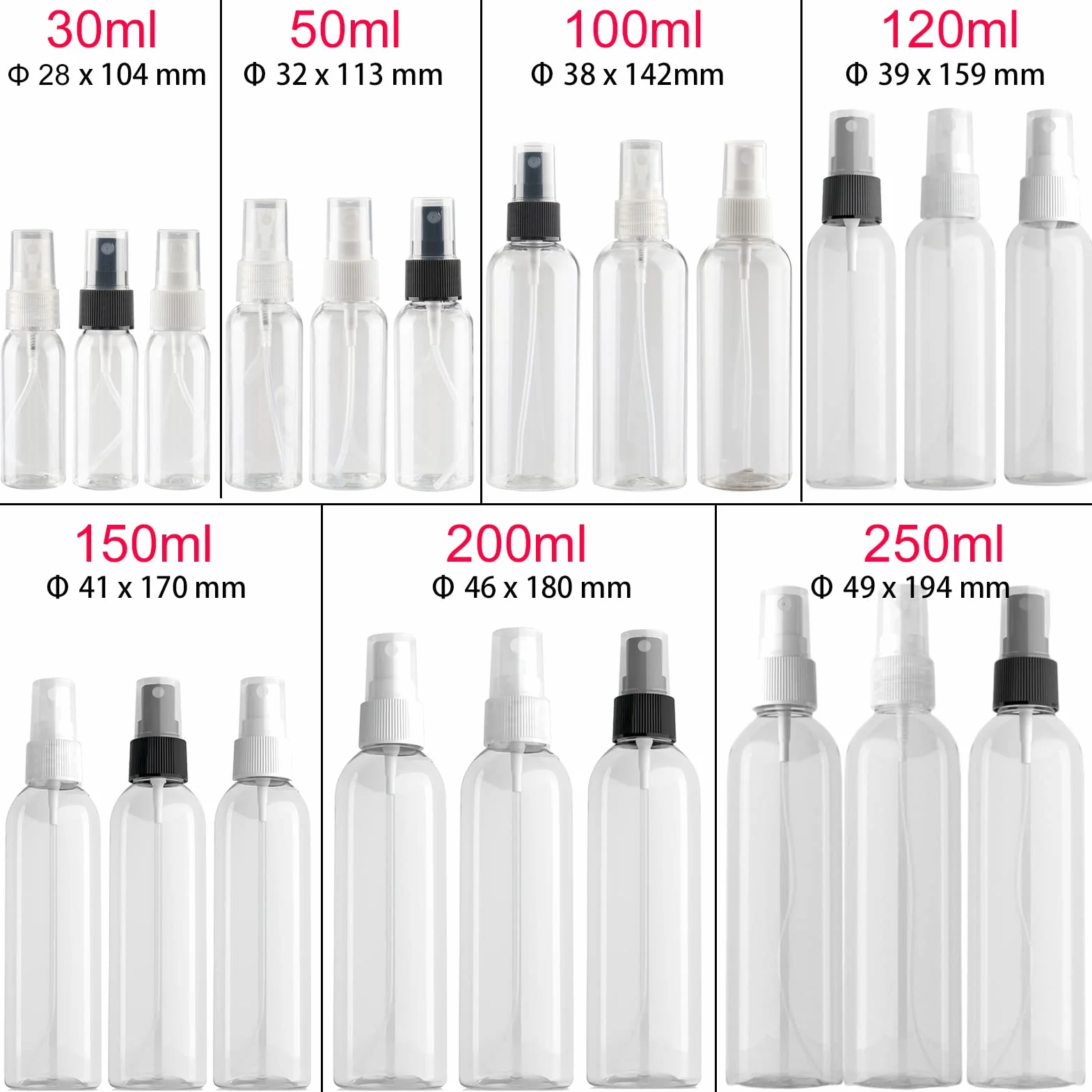 Botella de Spray Plástico PET 200ml Vacías Transparentes con Bomba Atomizador para Perfume Viaje