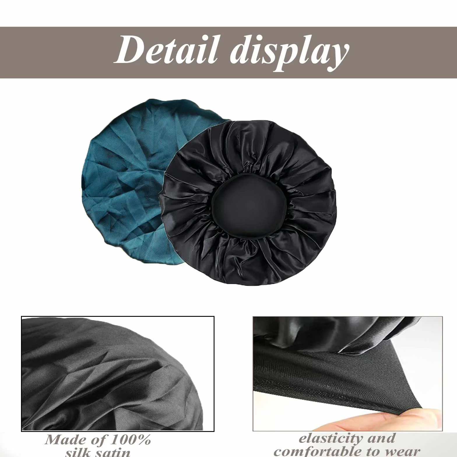 Gorro de Seda Suave y Cómodo para Dormir, Negro, Azul Pavo Real