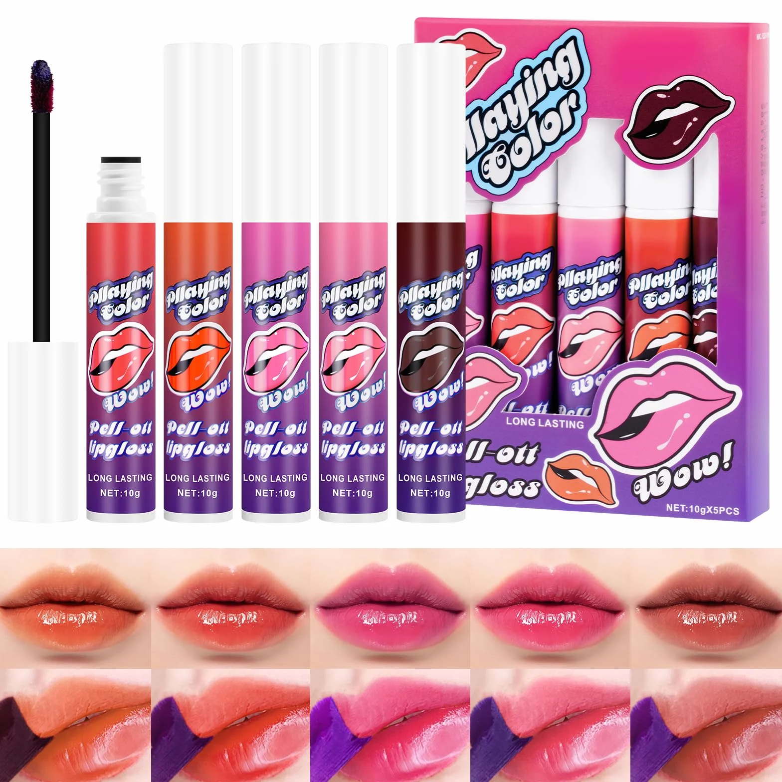 Lip Stain Peel Off, 5 Colores Tinte Permanente de Labios de Larga Duración, Maquillaje Labial