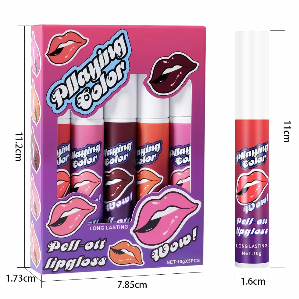 Lip Stain Peel Off, 5 Colores Tinte Permanente de Labios de Larga Duración, Maquillaje Labial