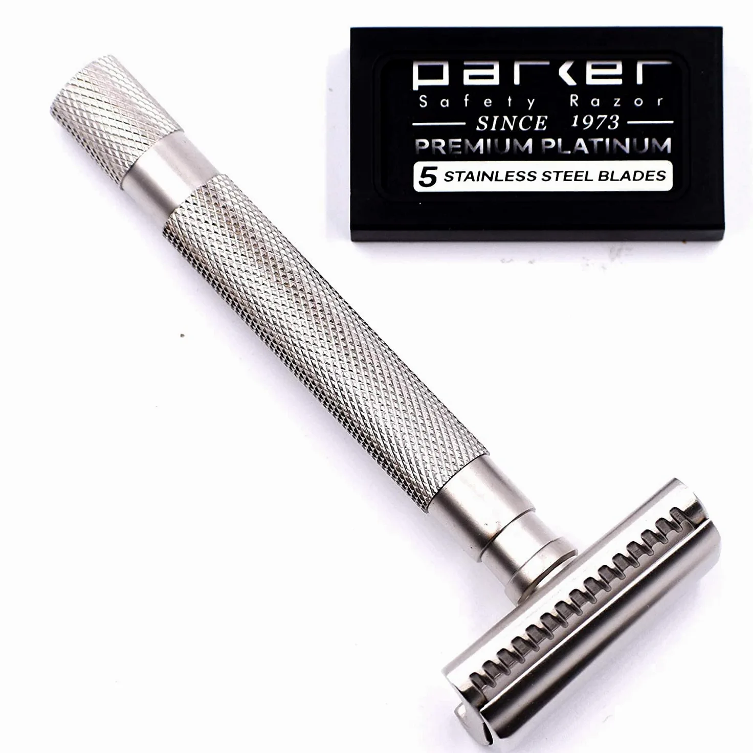 Parker - Maquinilla de afeitar semiinclinada de seguridad, acabado en oro rosa, elegante para piel sensible, cabeza inclinada + 5 cuchillas Parker para resultados suaves