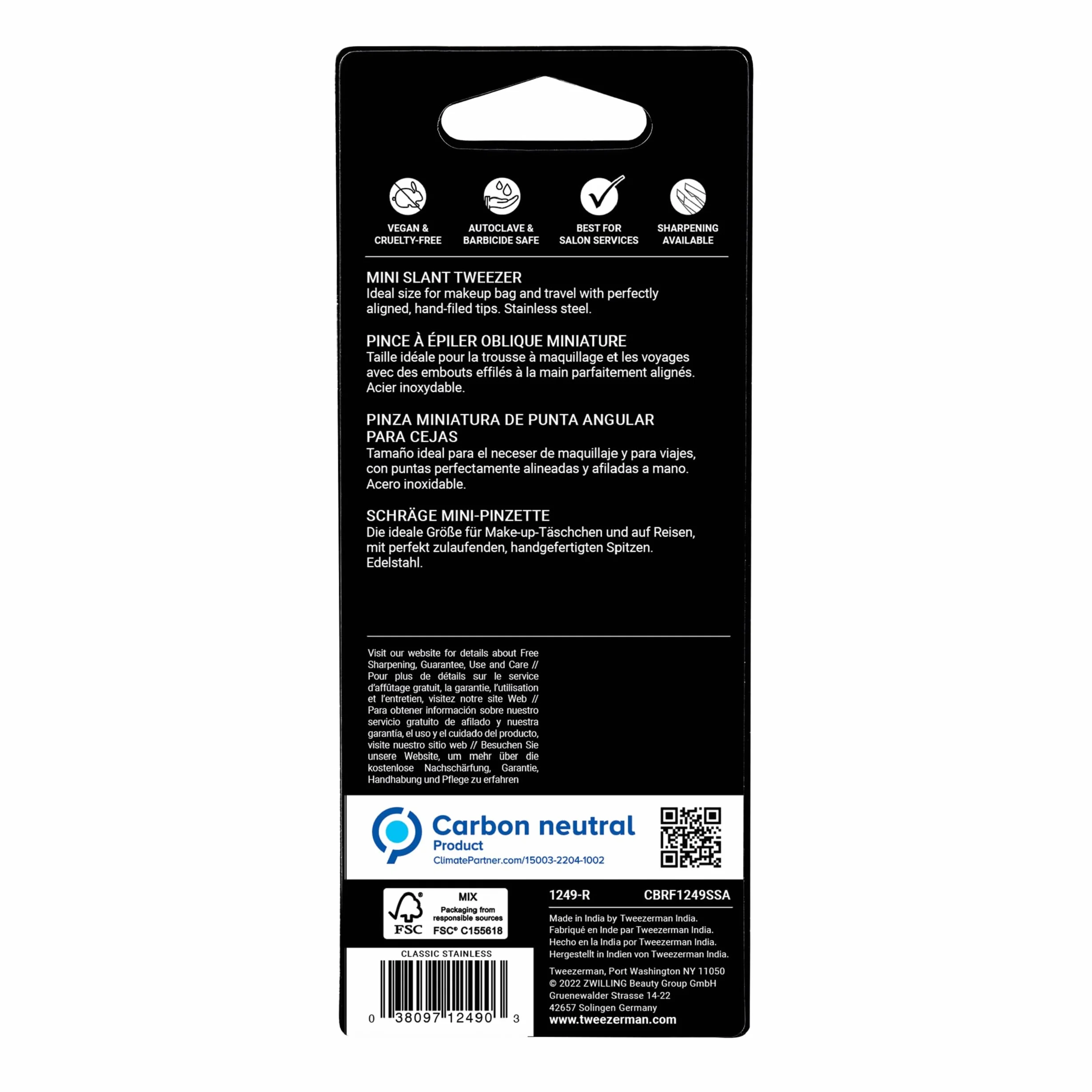 TWEEZERMAN Mini pinza cejas acero inoxidable puntas inclinadas precisión ergonómica