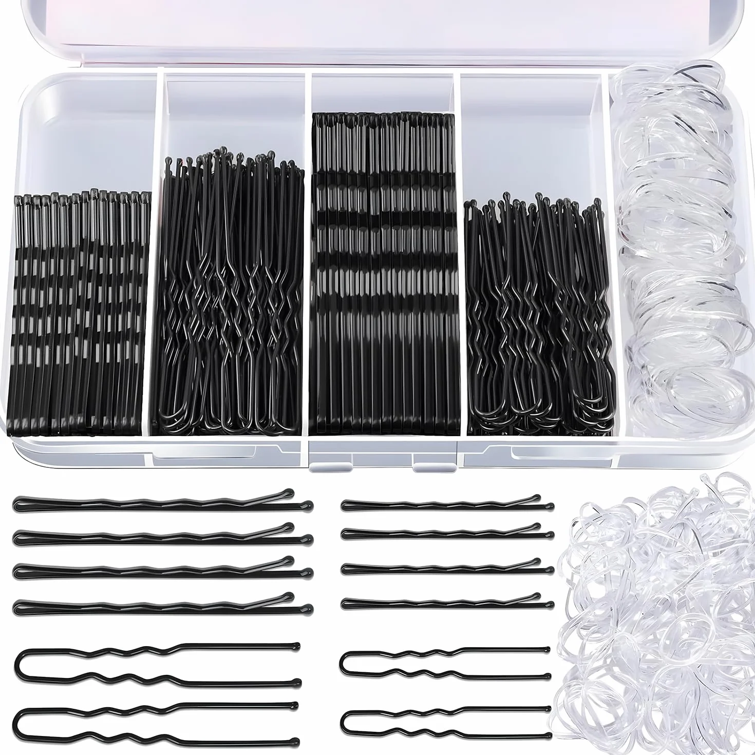 Pinzas para el Pelo Mujer 500 Horquillas en U 2 pulgadas 2.36 pulgadas Pasador de Pelo Ondulado 2 pulgadas 2.75 pulgadas Diademas Transparentes con Caja Portátil Negro