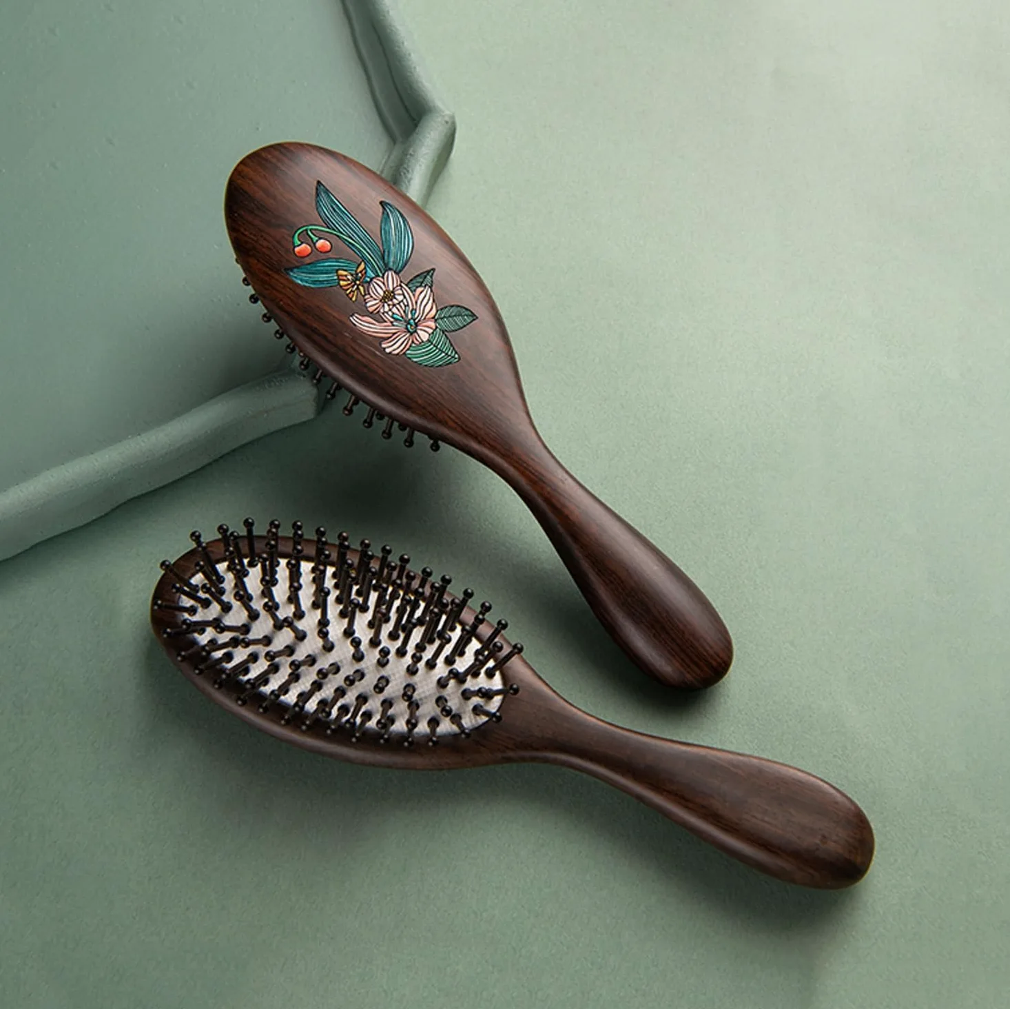Cepillo para el Cabello, Peine de Masaje de Madera, Cepillo para el Cabello Ovalado con Pintura de Flores de Mariposa, Cepillo de Aire desenredante antiestático