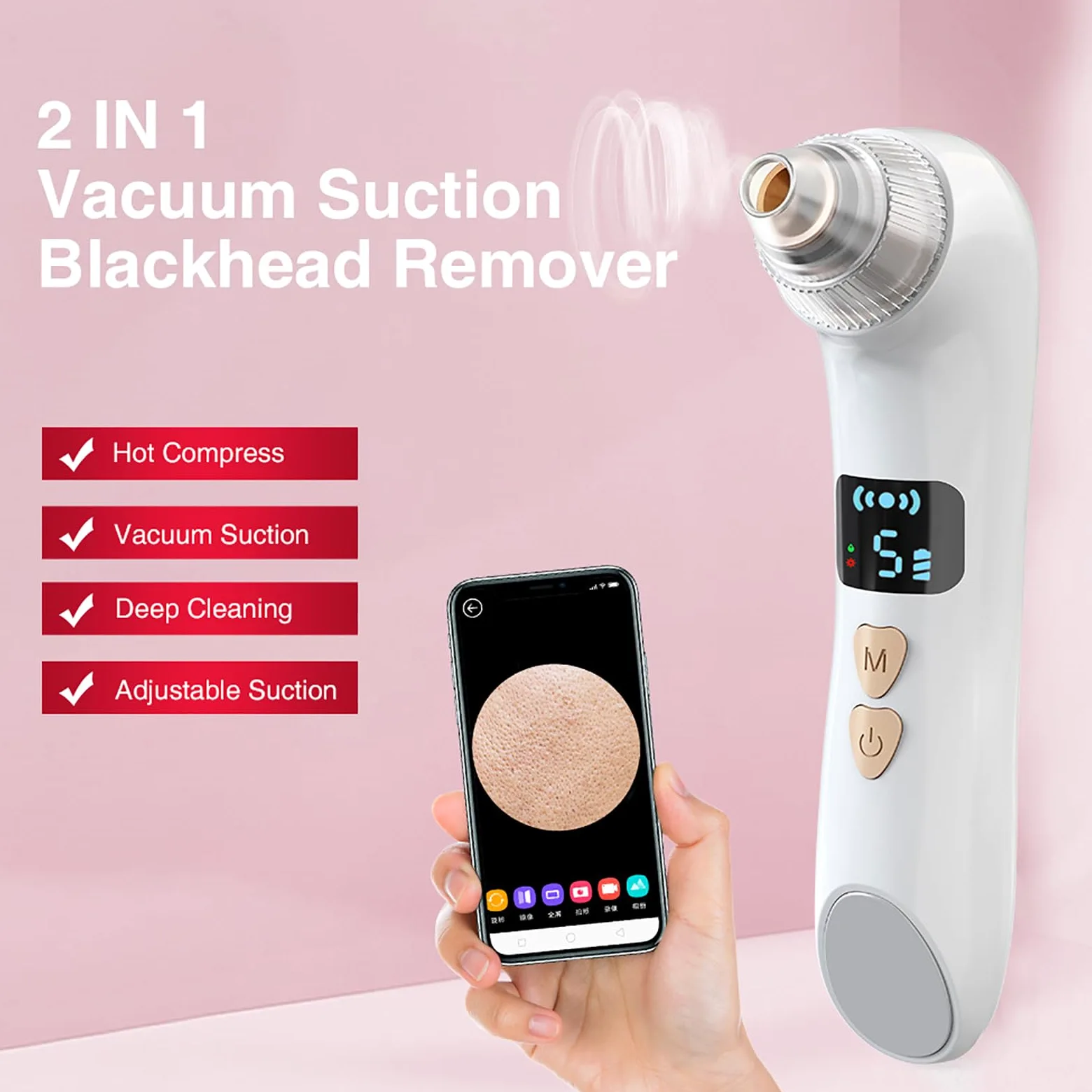 ERICAT Aspiradora removedora de Puntos Negros, removedor de Puntos Negros Mejorado con Pantalla LED y 6 sondas reemplazables, 3 Modos de Calentamiento y 5 Niveles de succión, Adecuado para Mujeres