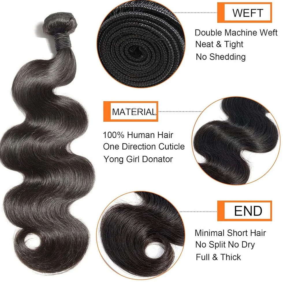 Extensiones de cabello humano con ondas de cuerpo humano, 3 paquetes de 50 g/unidad, doble trama #1B, color negro natural, para mujeres de 45,6 cm, 50,58 cm