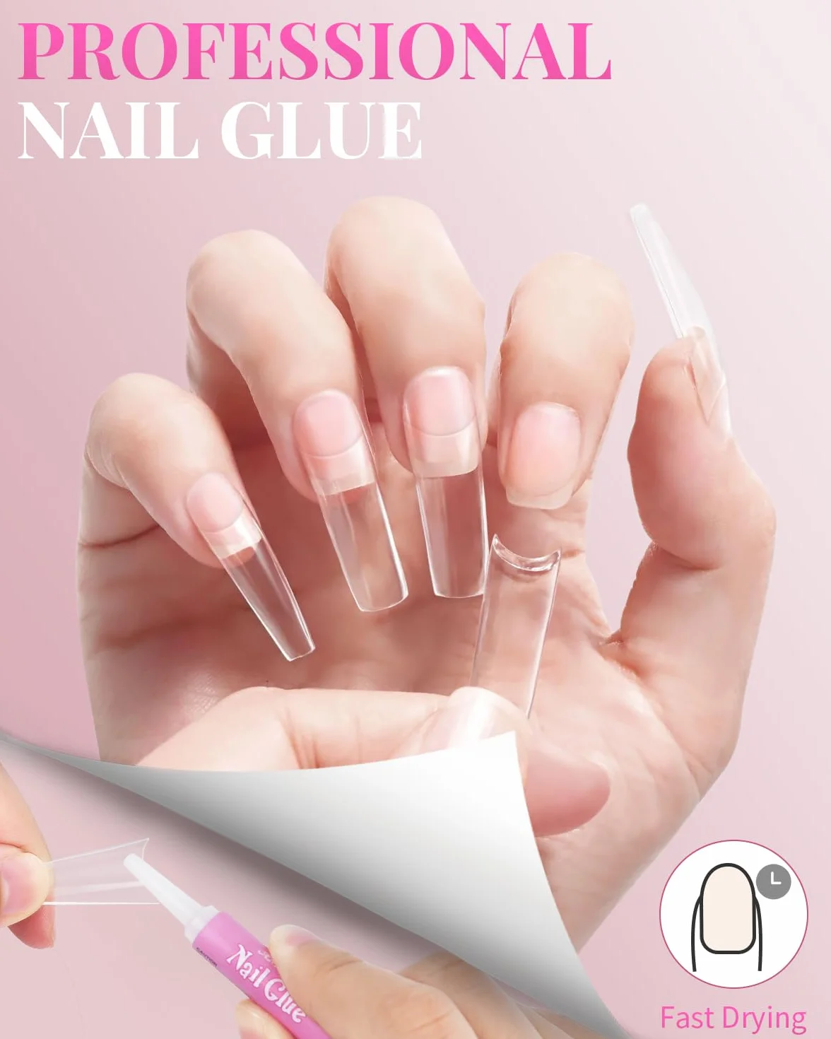 MORGLES Puntas de uñas acrílicas transparentes, 500 piezas francesas de media cubierta con pegamento, lima de uñas, cortaúñas, tenedor de cutículas para arte de uñas