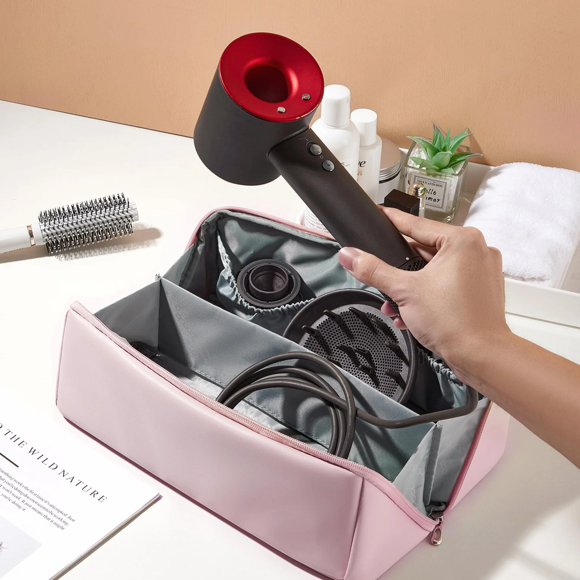 Veki Bolsa de Viaje Portátil para Secador de Pelo, Almacenamiento Compatible con Dyson Airwrap, Supersonic y Shark, Funda Transporte Rosa