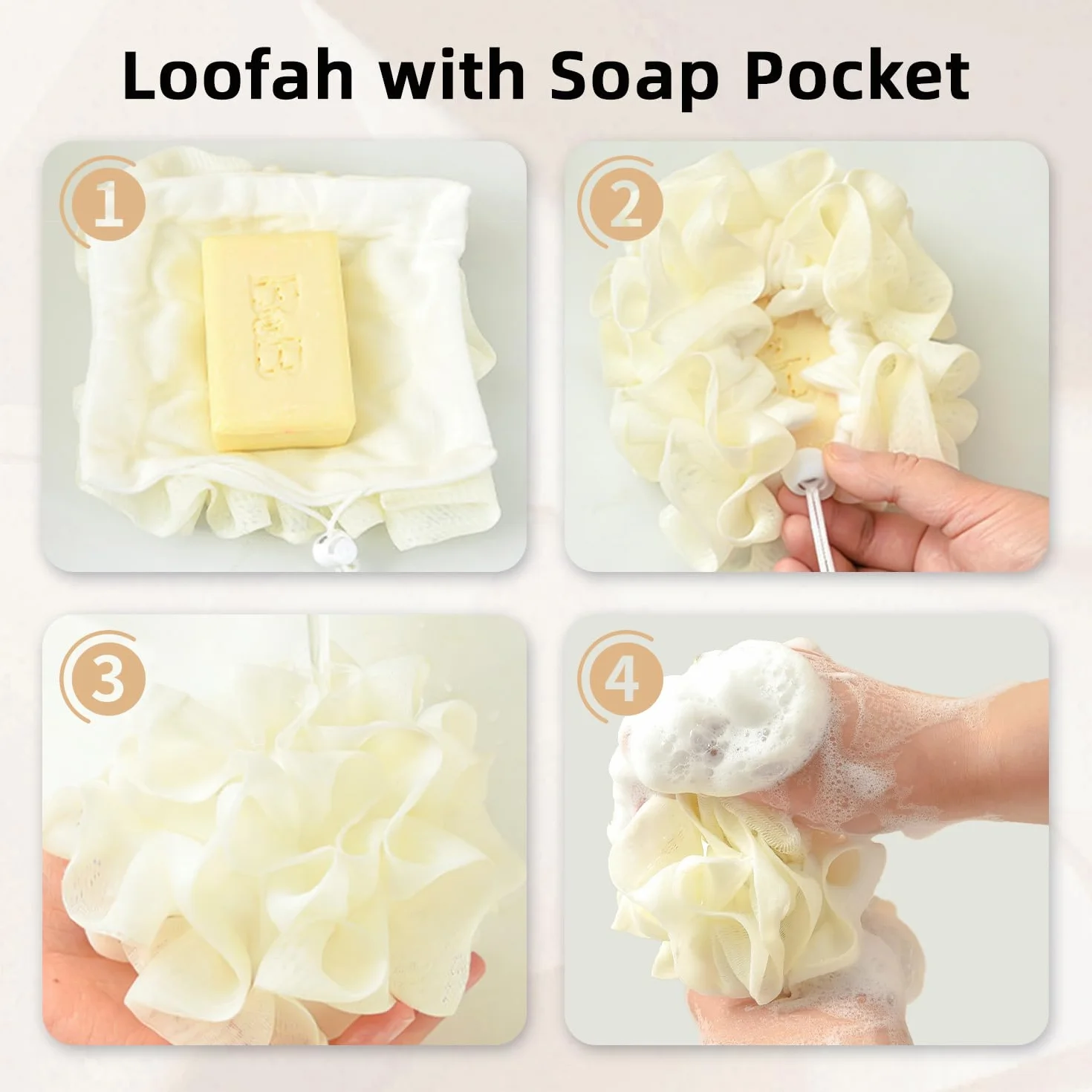 Esponja de baño 2-en-1 con bolsa para jabón, exfoliante corporal, cordón ajustable, lavable a máquina, amarillo