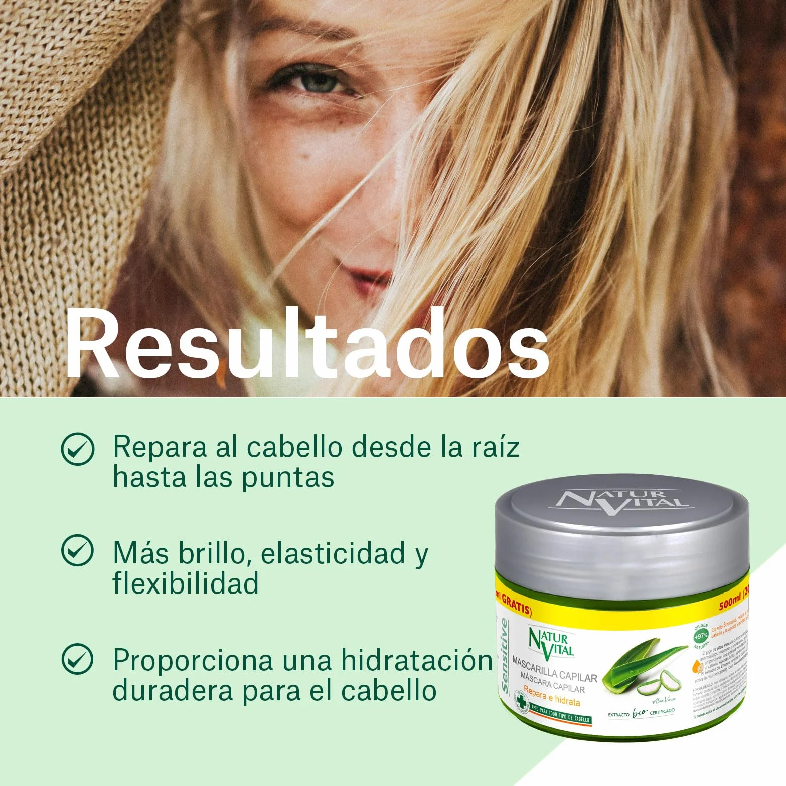 NaturVital Mascarilla Capilar Sensitive Reparadora Hidratante Cuero Cabelludo Sensible con Aloe Vera Bio y Pro-Vitamina B5 sin Sulfatos 500ml