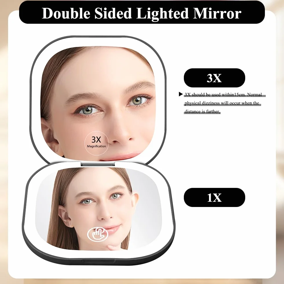 HOTUT Espejo de Maquillaje de Doble Cara 3X/1X Aumento Pequeño de Bolsillo Viaje Luz Regulable Negro