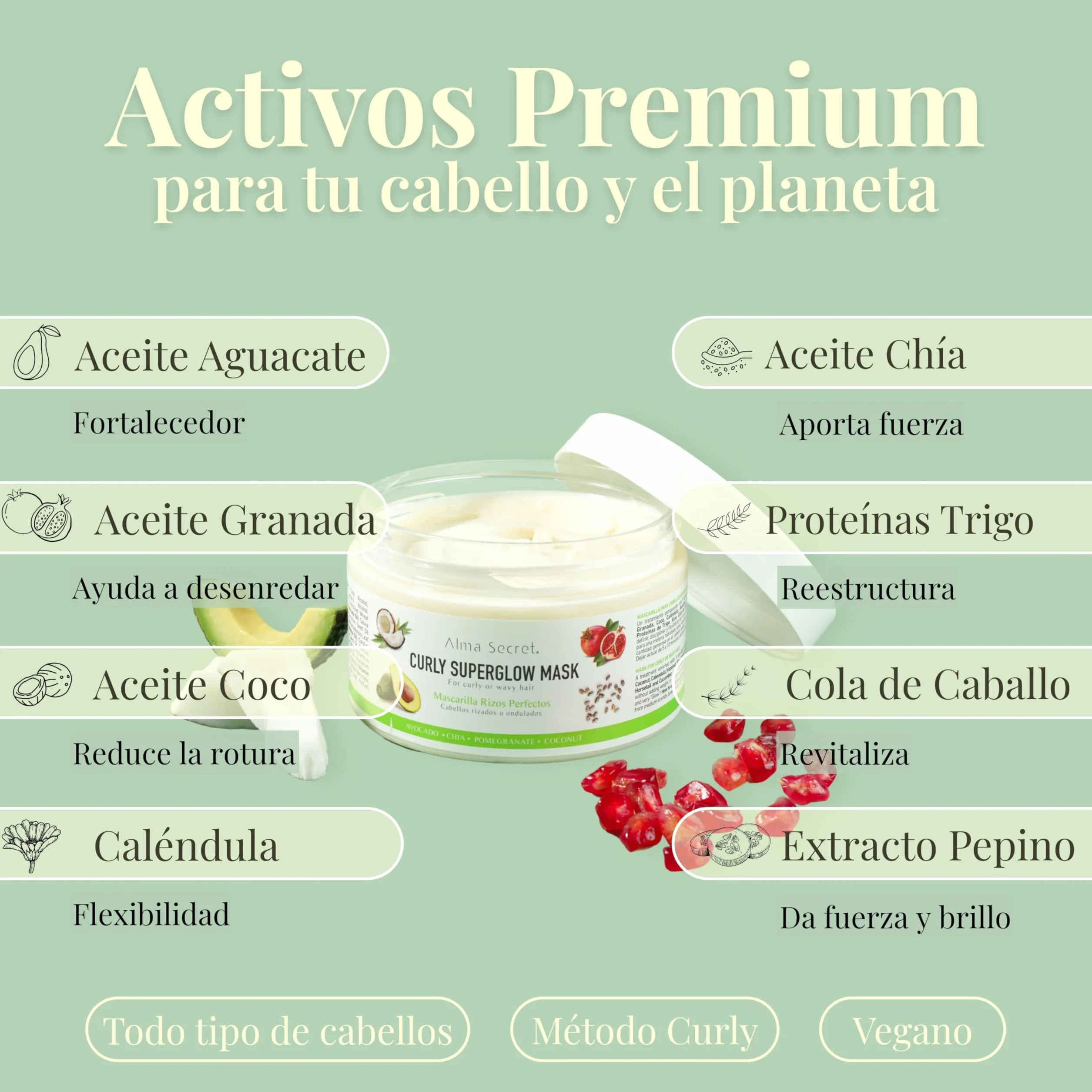 Alma Secret Curly Superglow Mask Mascarilla Antiedad Pelo Rizado 9 Aceites Vegetales Proteínas Método Curly 250ml