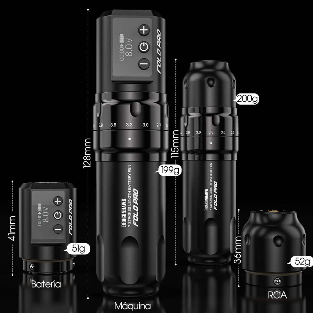 Dragonhawk Fold Pro Máquina de tatuar inalámbrica Bolígrafo con batería de 7 carreras 2.4-4.2mm, 2pcs batería de 1500mAh para tatuadores profesionales