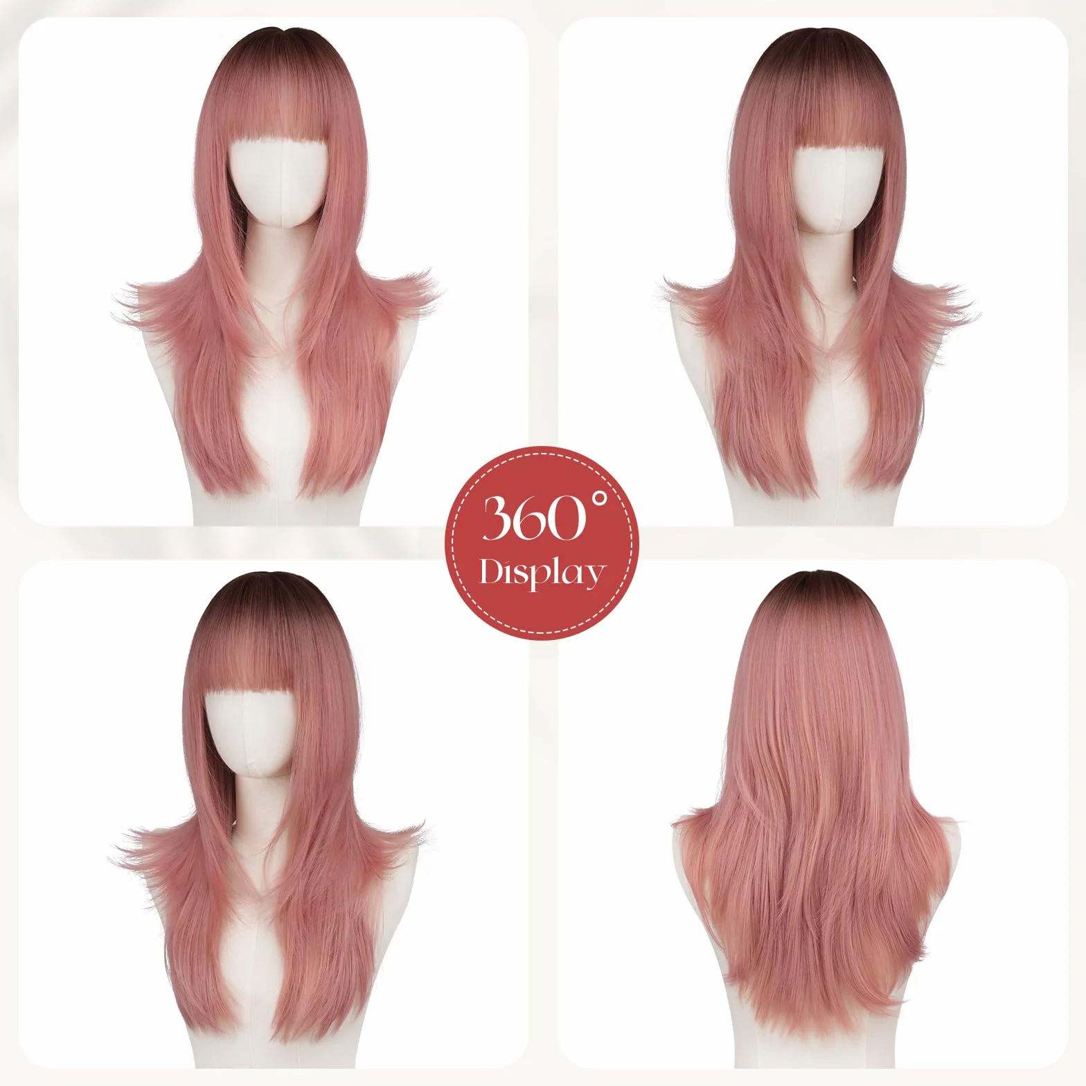 Pelucas Largas en Capas con Flequillo Resistente al Calor Sintético para Mujer Halloween Fiesta Rosa