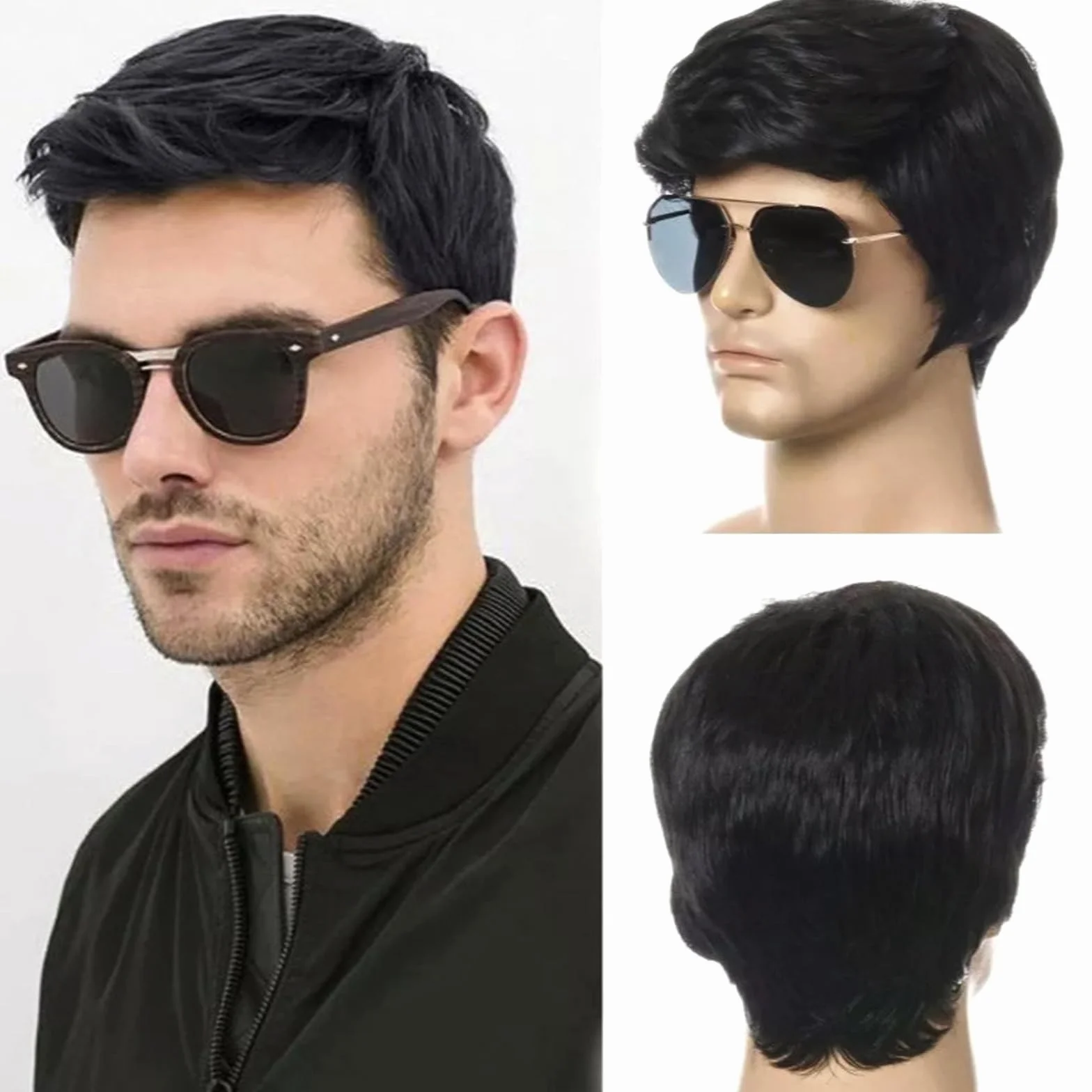 Peluca Hombre Pelo Corto Negro Sintético para Carnaval Disfraces Adulto Cosplay Fiesta