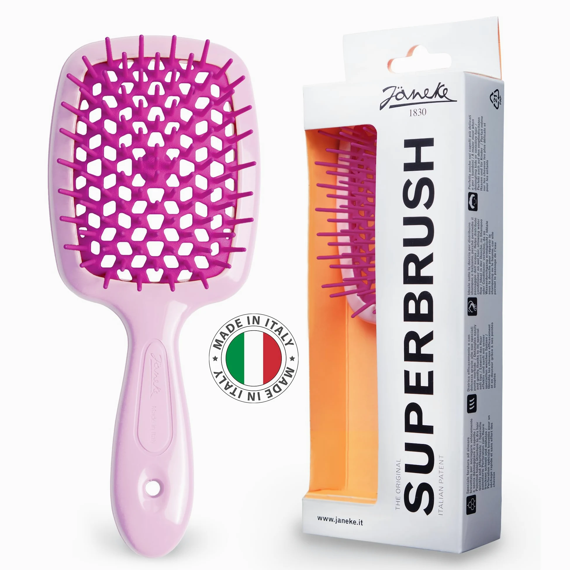 Janeke Superbrush Cepillo desenredante para cepillado suave, cerdas antiestáticas, cepillo ventilado para secar con secador, cabello rizado, grueso, ondulado y fino, lila-fucsia