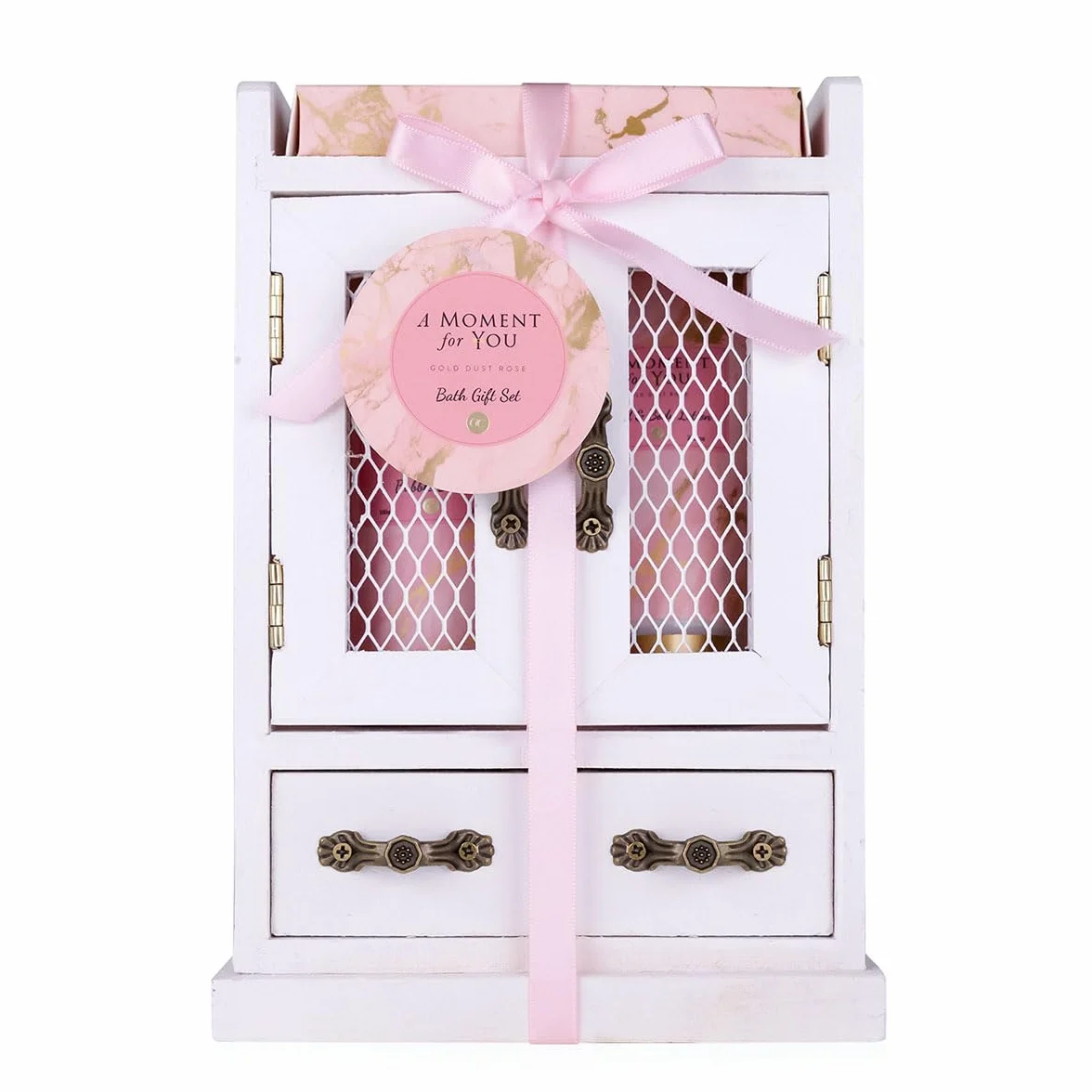 Accentra Set de regalo para mujer A Moment for you Set de belleza con baño de espuma loción corporal y sales de baño en armario de madera decorativo