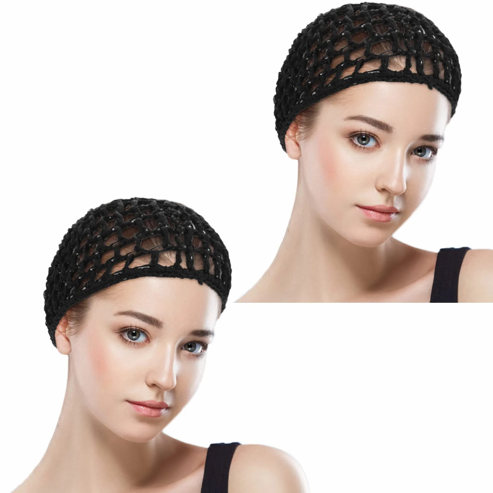 Redecillas para el cabello para dormir, gorros largos rectos rizados, protector de cabeza malla negra, moño correa levantamiento, para mujer