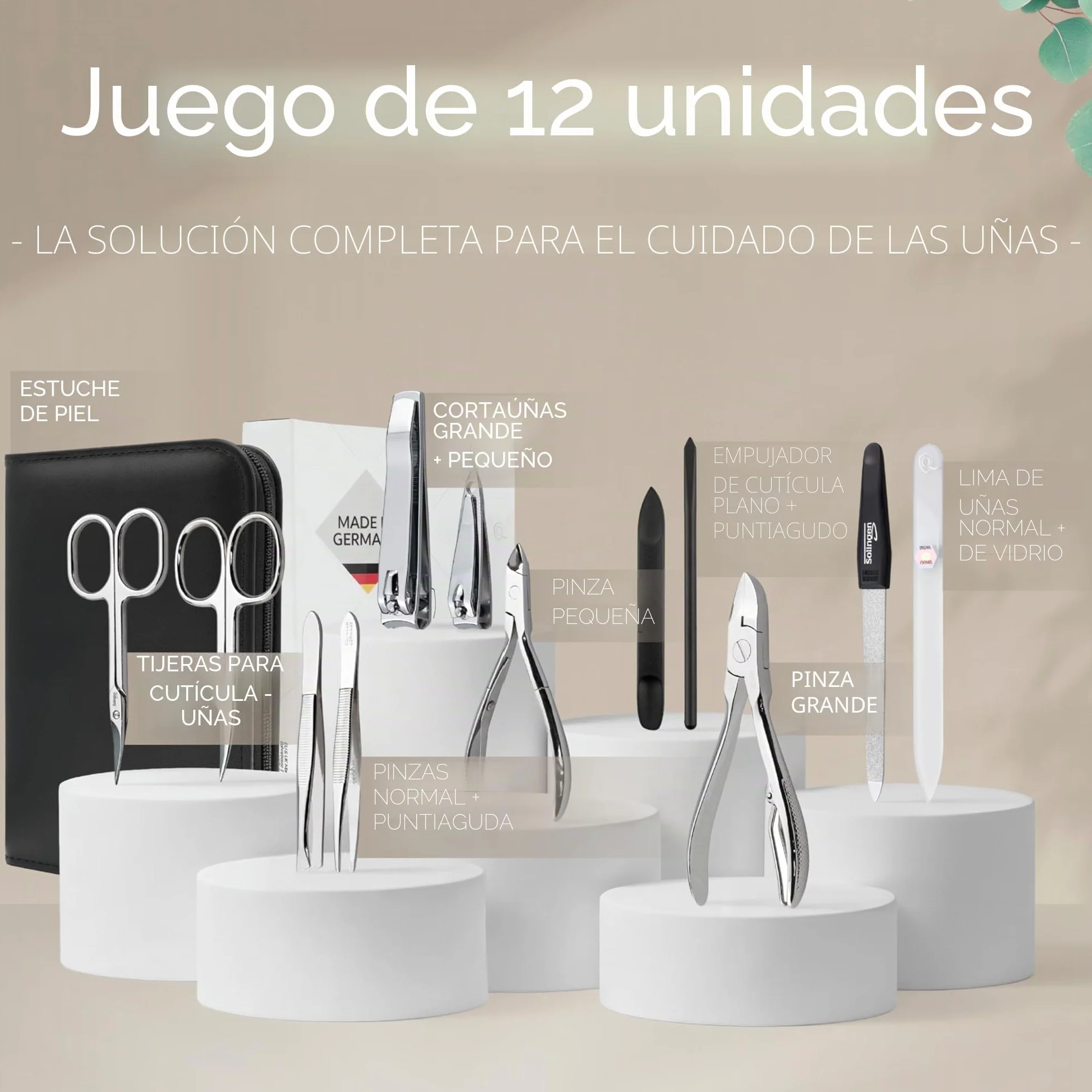 marQus Solingen Set de manicura y pedicura de 12 piezas en estuche de piel auténtica