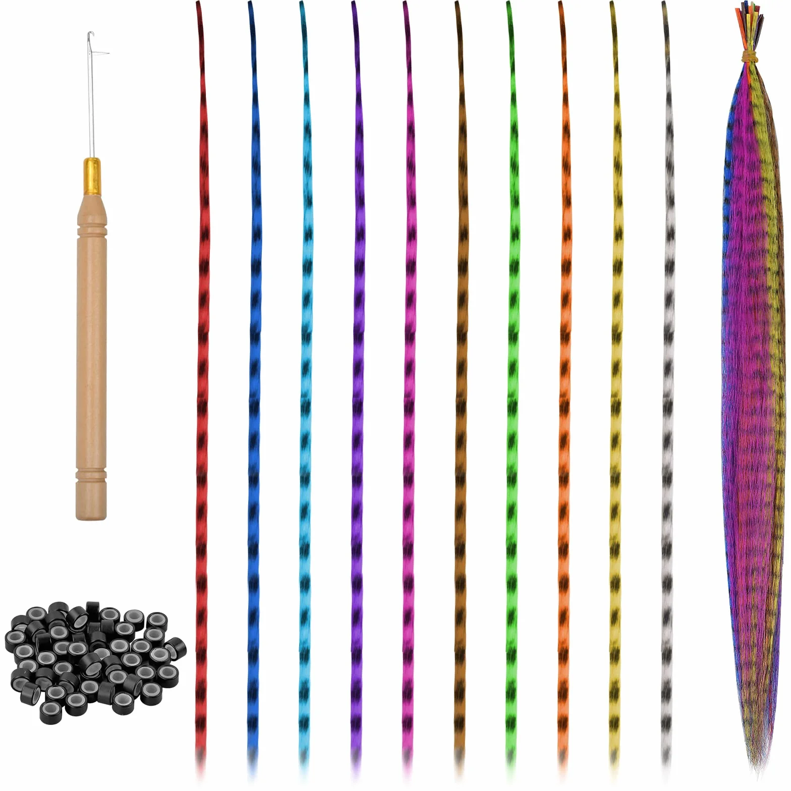 Extensiones de Pelo Plumas, Kit de Extensión con Cuentas para Mujeres - Cabello Sintético de Colores