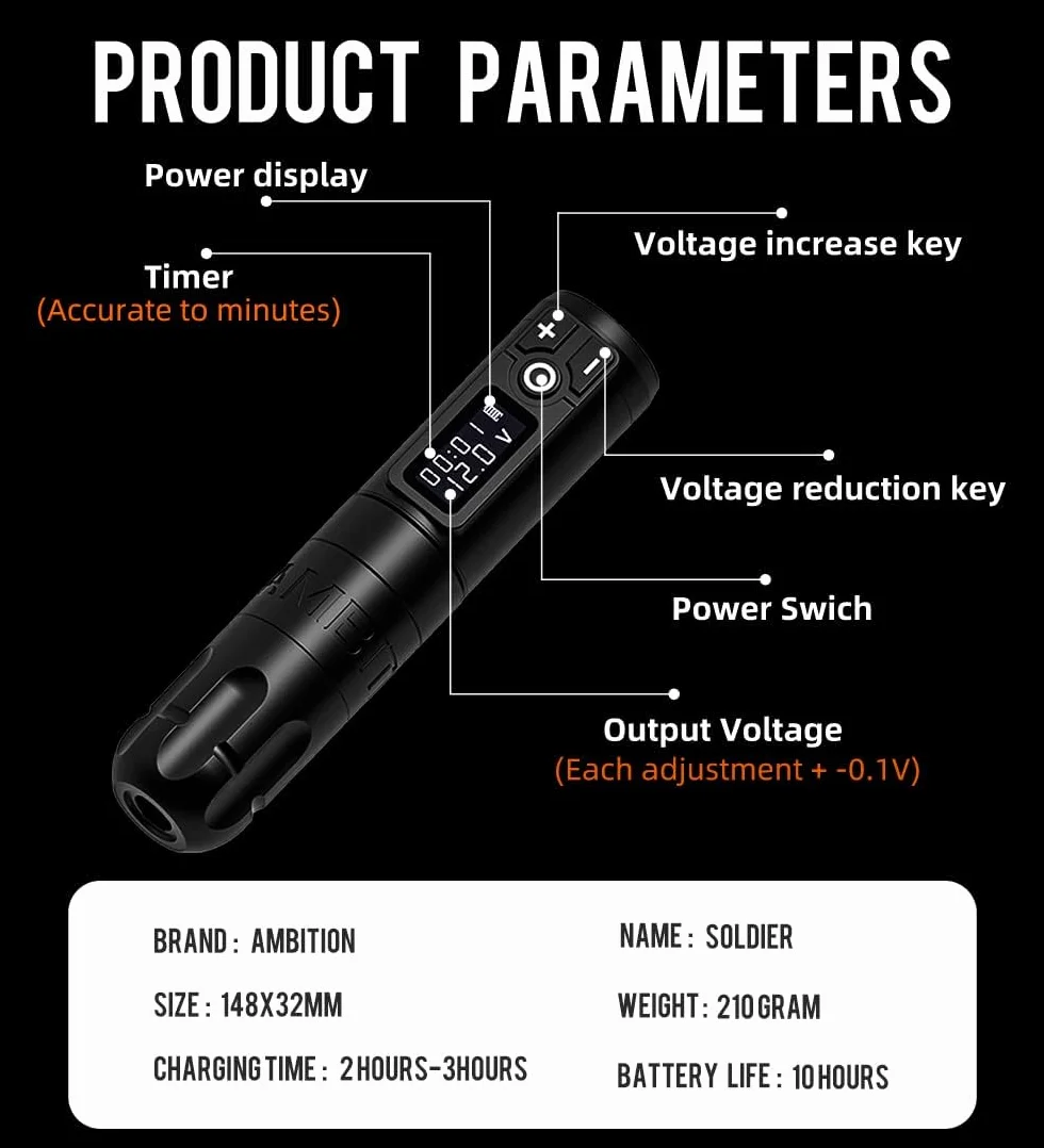 Ambition Soldier Máquina de cartucho de tatuaje con bolígrafo de batería rotativa con motor inalámbrico de 2400 mAh sin núcleo pantalla LED digital suministro de equipo de tatuaje