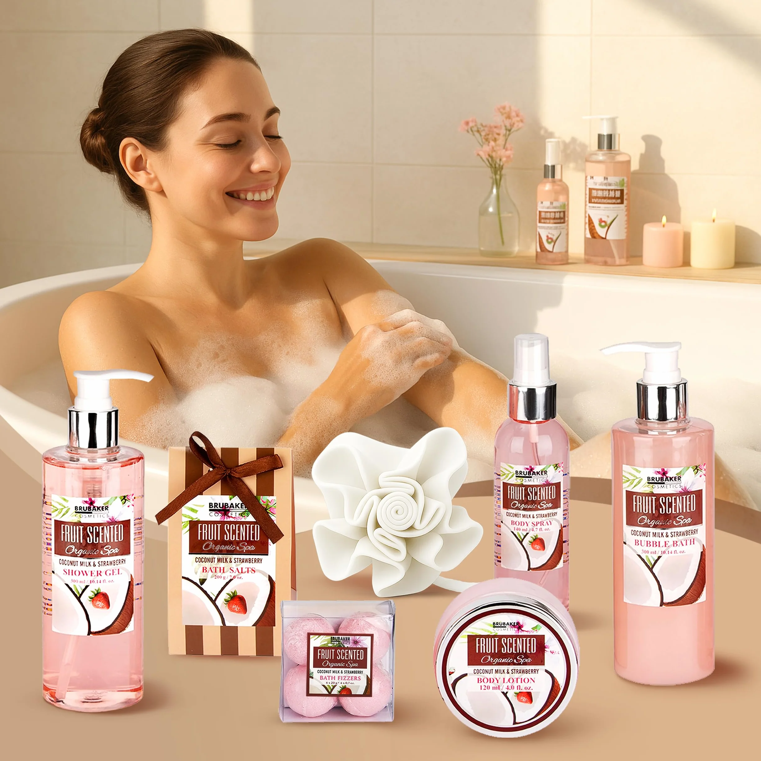 BRUBAKER Cosmetics Kit Baños Fresa-Coco 11 piezas Bañera Vintage Set Regalo Mujer Spa Baño Ducha