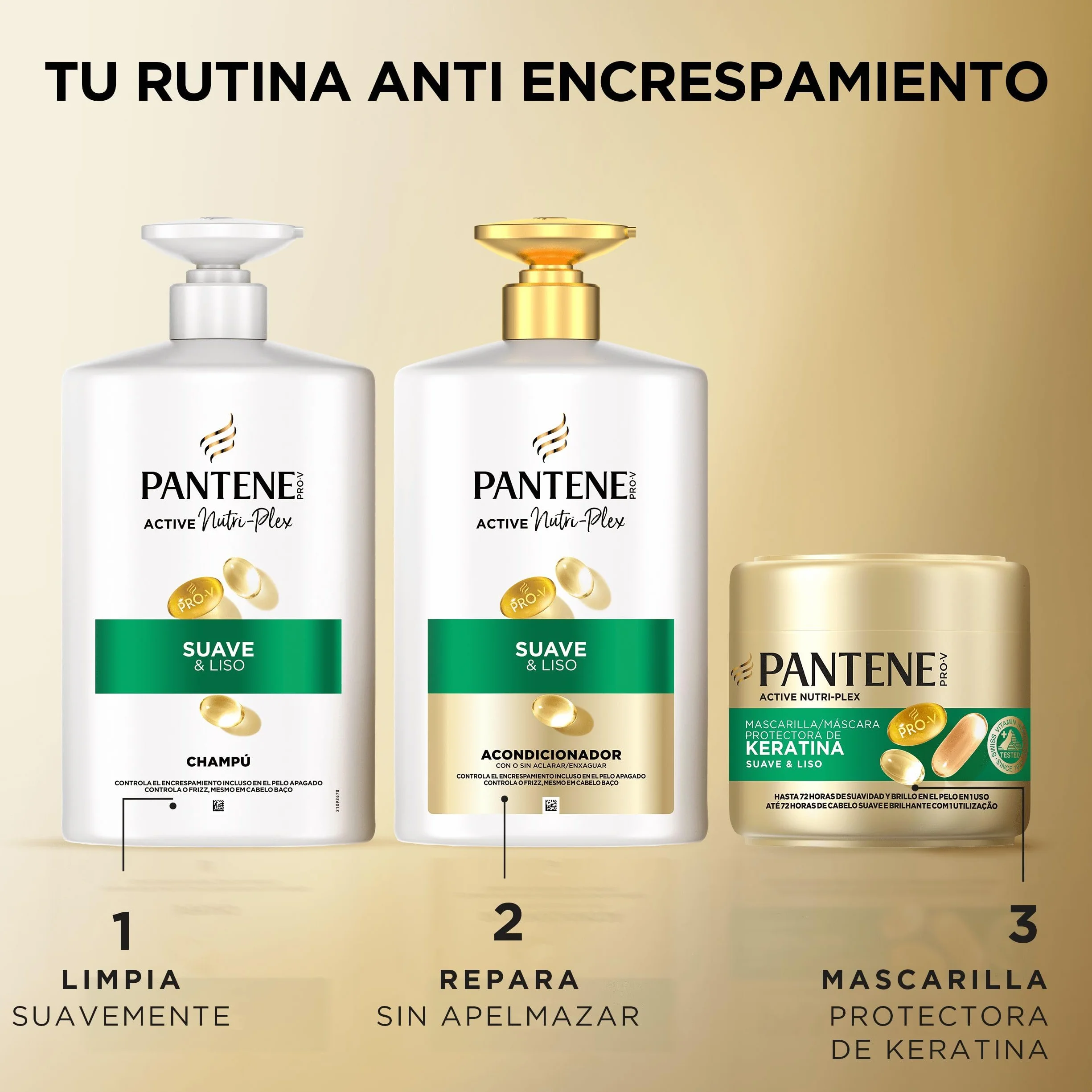 Pantene Pro-V Suave Y Liso Champú 2X1000ml Dispensador Pelo Encrespado Protege Enlaces Capilares Sin Siliconas
