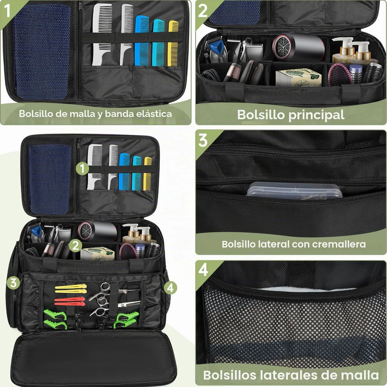 Bolsa de peluquería profesional, bolsa de almacenamiento portátil con múltiples bolsillos y compartimentos ajustables para accesorios de peluquería, adecuado para (BK)