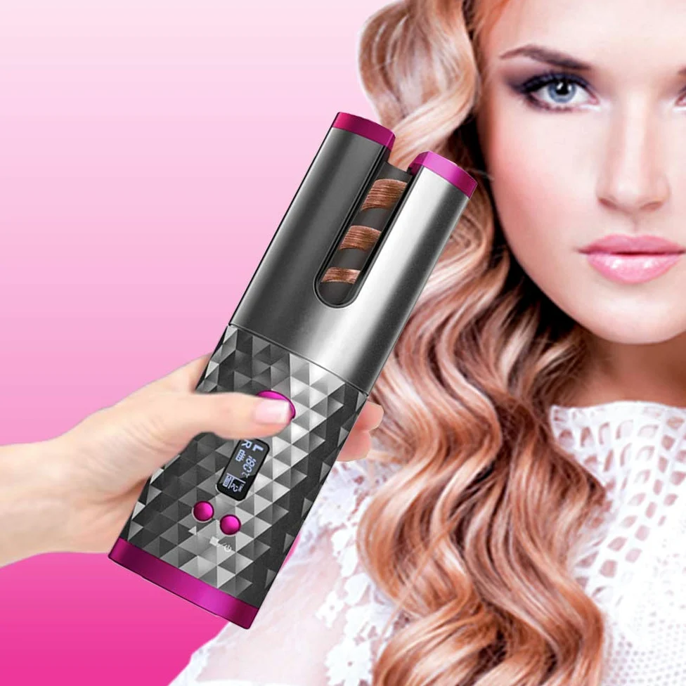 Rizador pelo Automático, Inalámbrico, Ondas, Ondulador Rizos, Portátil Barril de Cerámica de Calentamiento Rápido con Temperatura y Temporizador Ajustables.