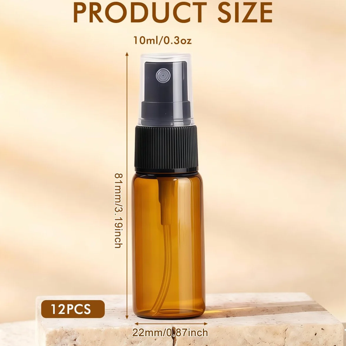Botellas de vidrio 10 ml con atomizador de niebla fina, vacías rellenables, ámbar, para aceite esencial y perfume