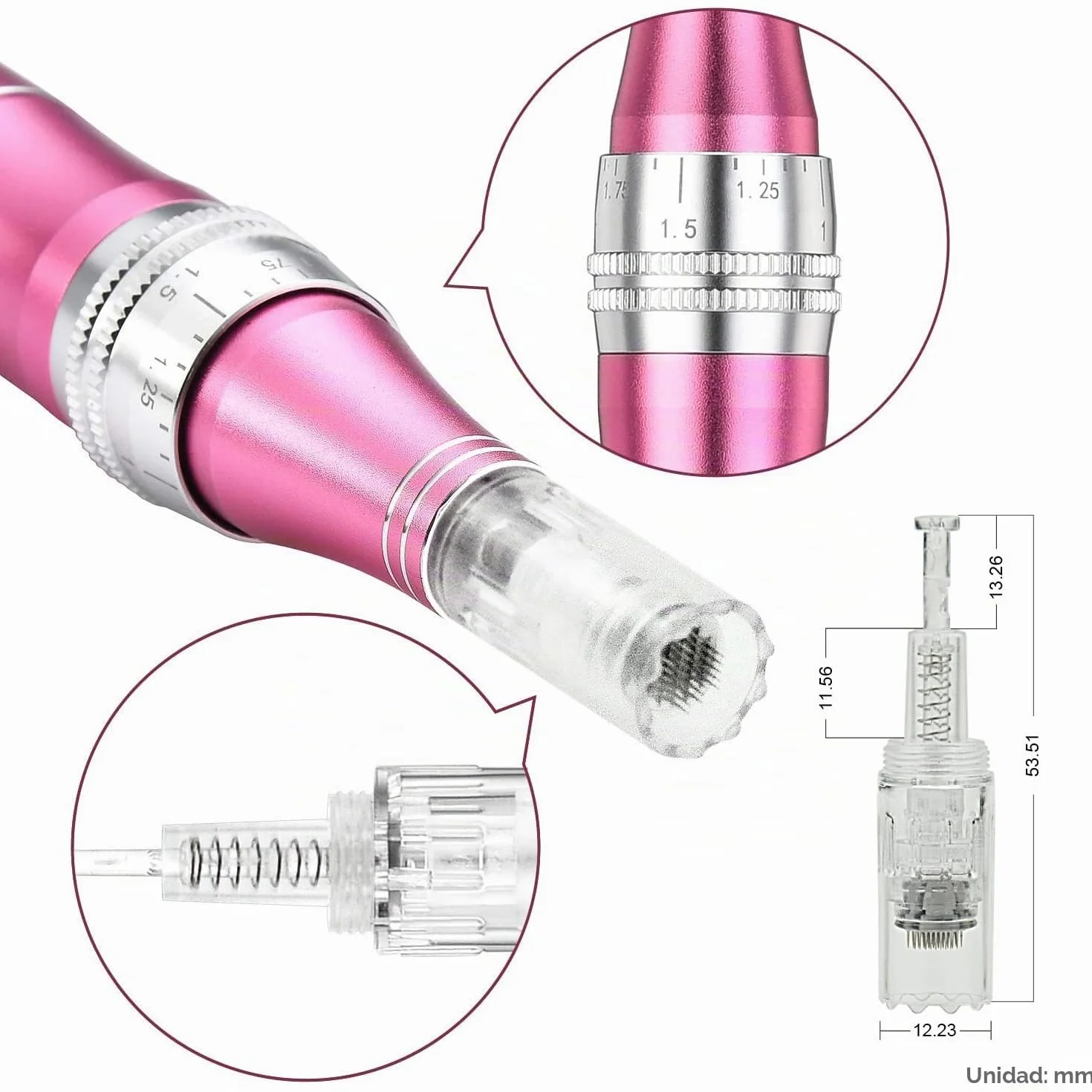 Derma Pen Eléctrico Pantalla LCD 7 Niveles Velocidad 12 Cartuchos Rosa