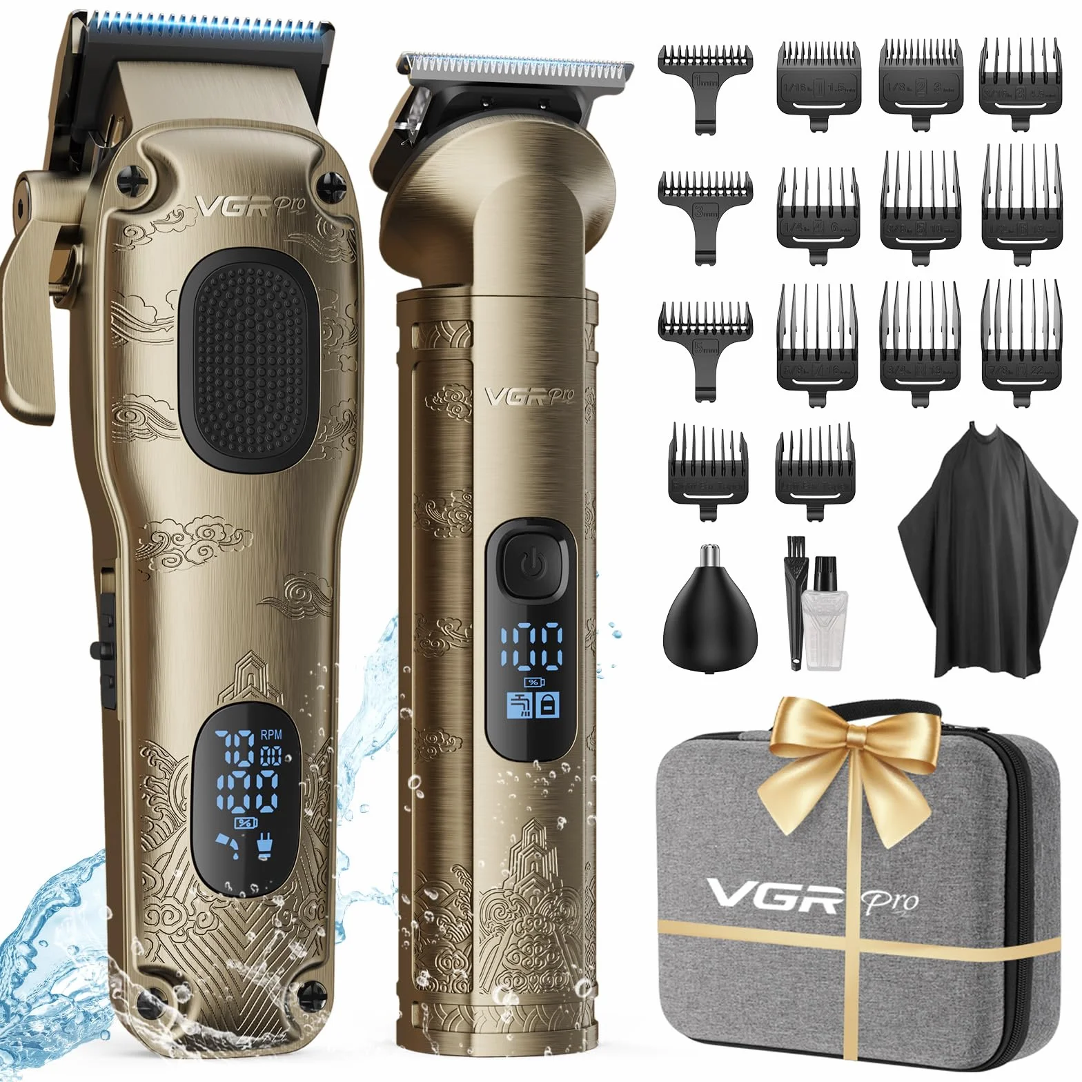 VGRPRO Profesional Cortapelos Hombre Inalámbrico Kit Cortadora de Pelo y Trimmer con Caja de Embalaje Dorado