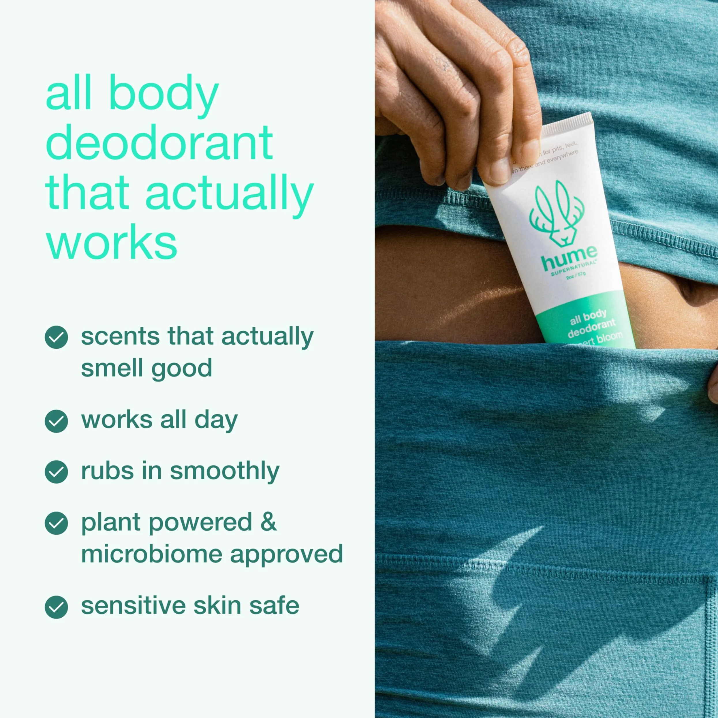 HUME SUPERNATURAL Bálsamo desodorante invisible para todo el cuerpo, protección para todo el cuerpo, sin aluminio, sin bicarbonato de sodio, resistente al olor, clínicamente probado